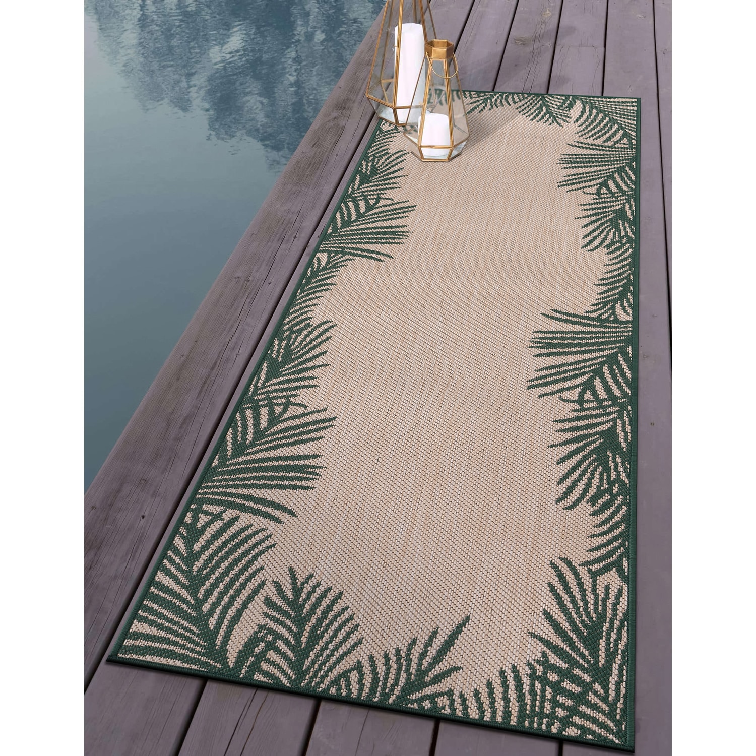 Tropical Palm Floral Green Synthetic 2'x7' Indoor/Outdoor Rug