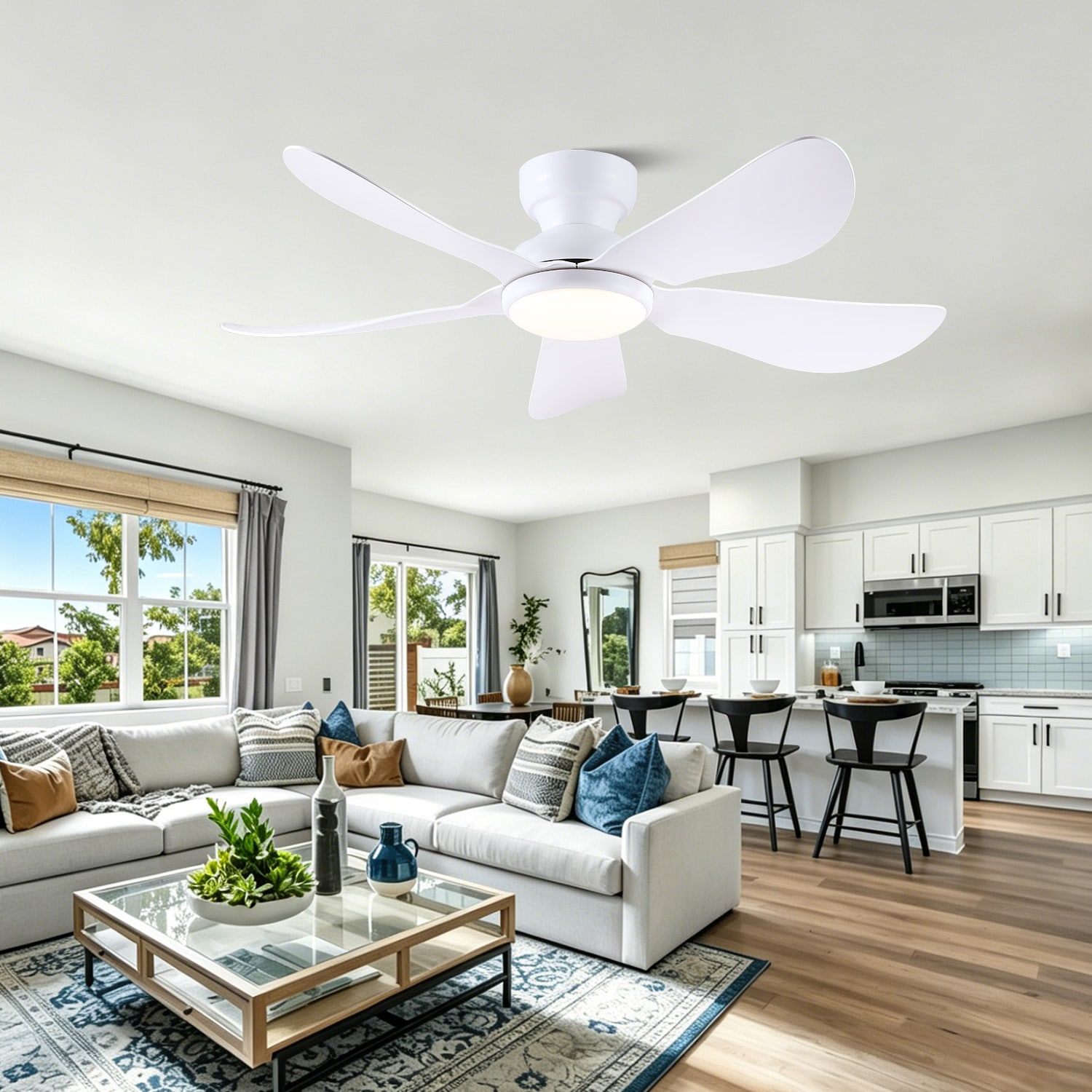 Kviflon  46 in White Flush Mount Ceiling Fan with Light Modern Ceiling Fan Dimmable LED Quiet DC Motor 6 Speed Reversible for Bedroom Living Room