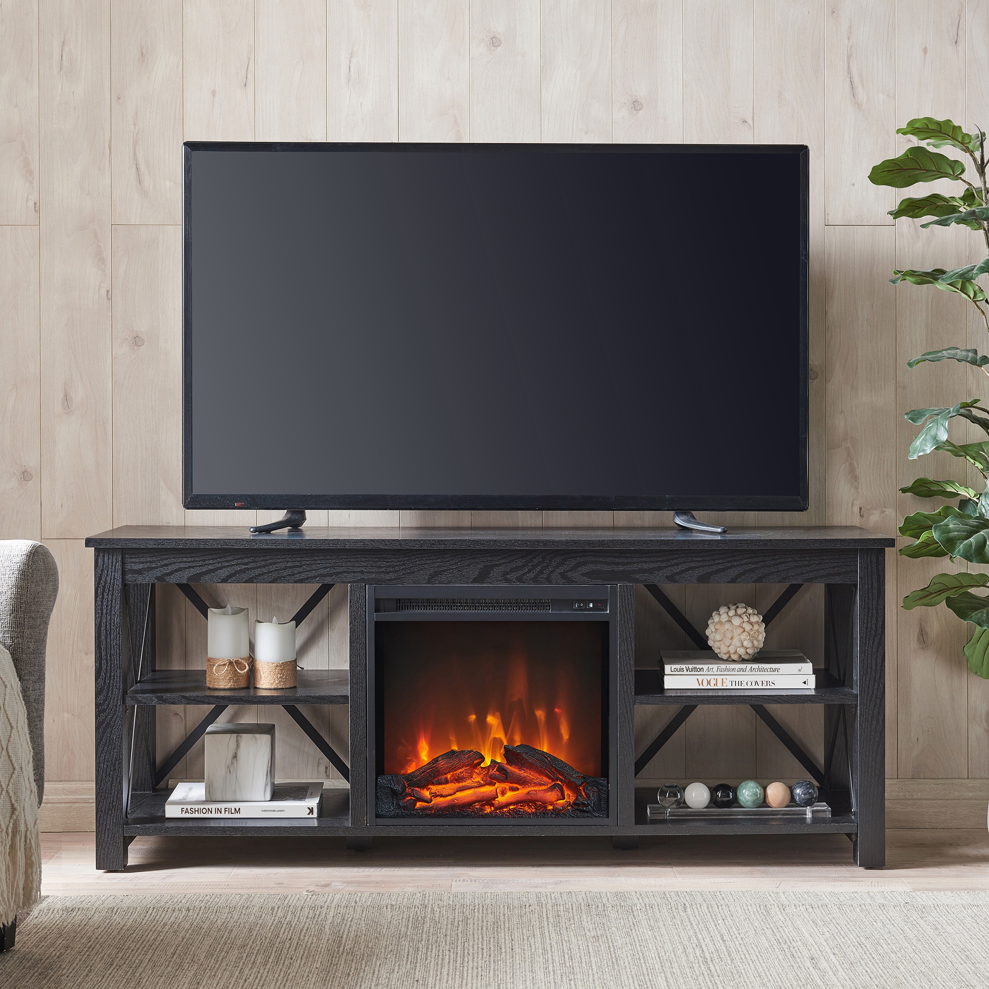 Black Modern Farmhouse TV Stand with Electric Fireplace, 58"