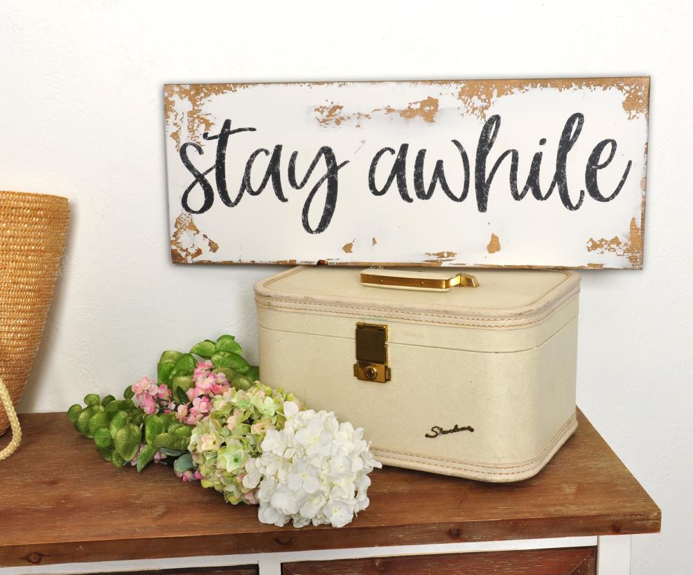 BrandtWorks PT-WH-STAYAWHILE24X9 Farmhouse Signs 9.25-in W x 24-in H Wood Text Country Wall Accent