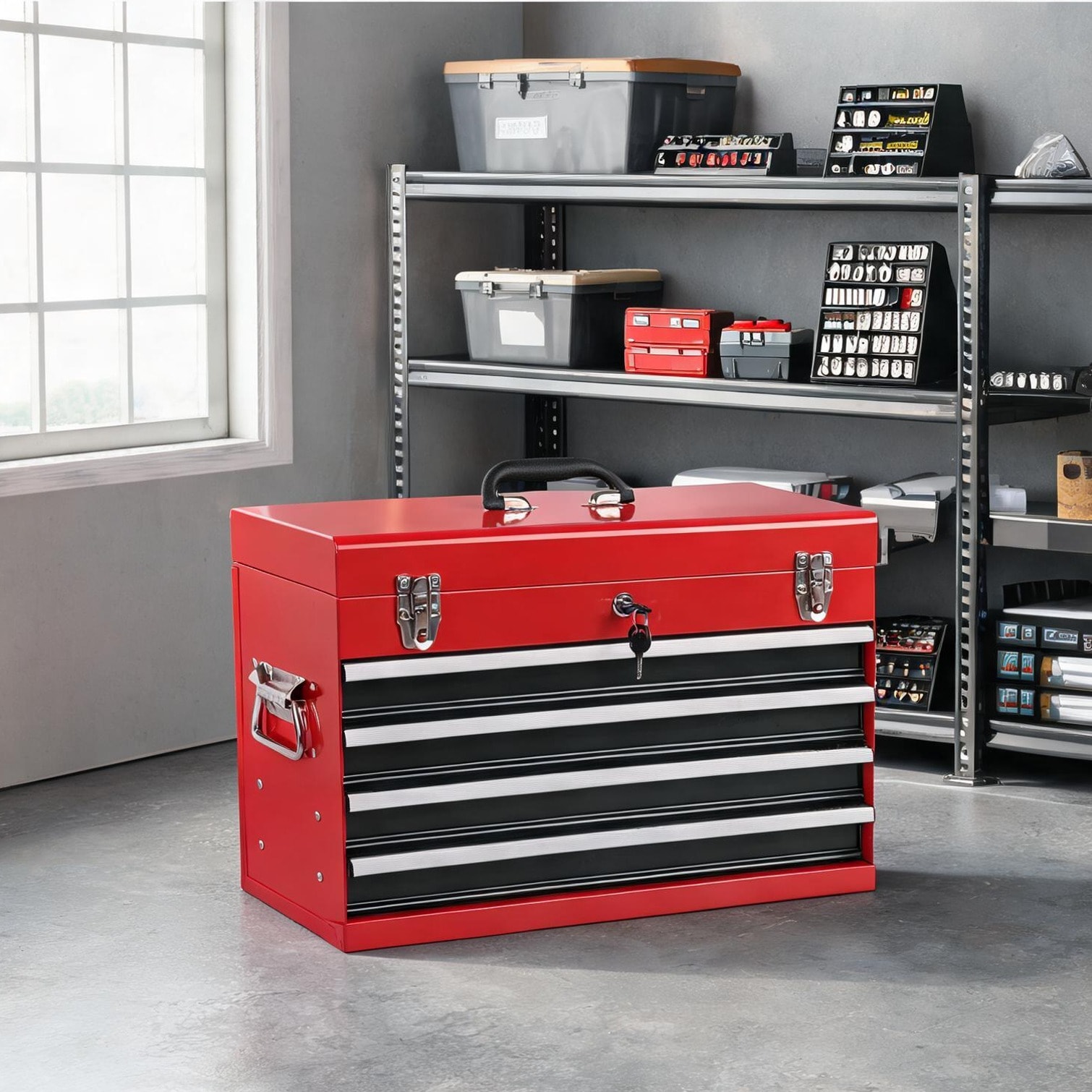 Naturefalls Portable 4-Drawer Tool Chest with Locking System 21-Inch Steel Matte Black Garage Workshop Organizer