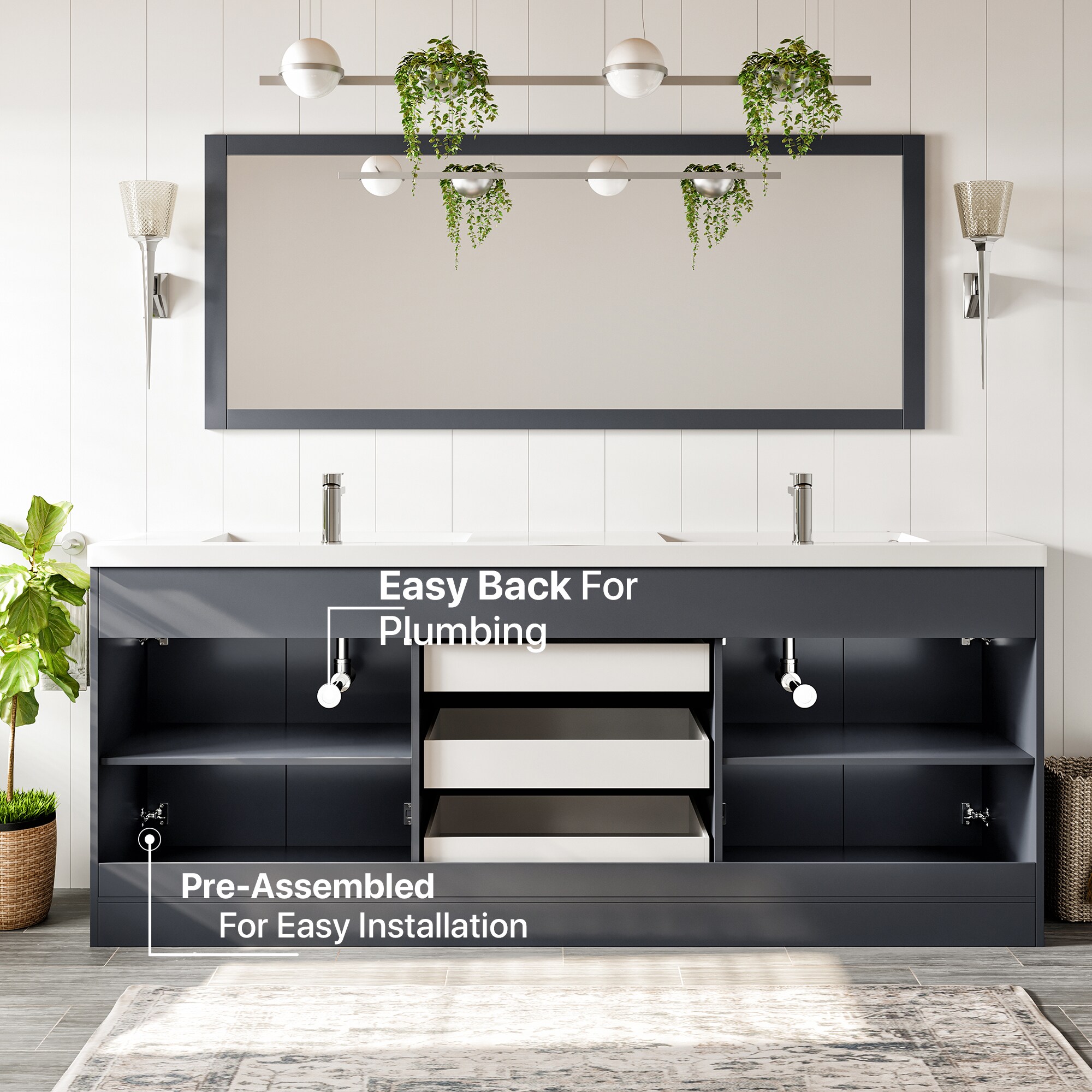 Eviva Lugano 84" Gray Modern Freestanding Double Sink Vanity with Acrylic Top