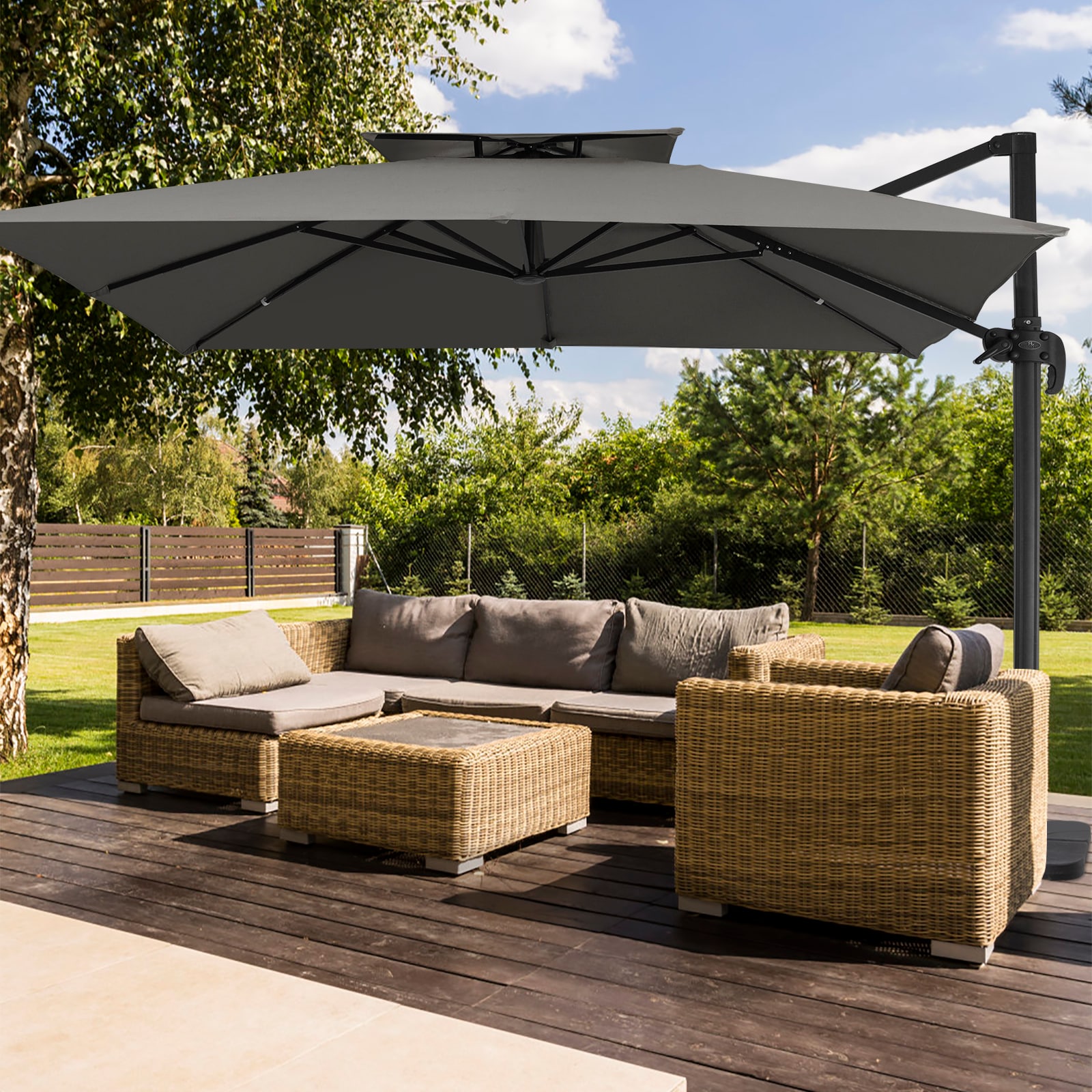 JEAREY JE-11FXBRT-GR 11-ft Aluminum Gray Crank Cantilever Patio Umbrella with Base