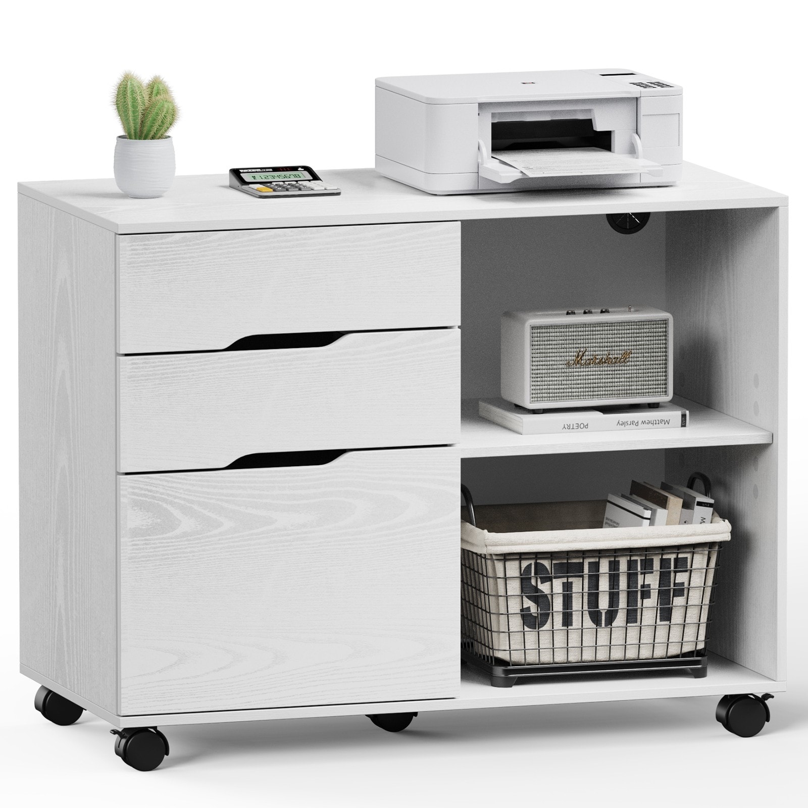 GlasFlength -  25 Inch Modern White File Cabinet 3 Drawer Mobile Rolling Lateral File Cabinet Sto...