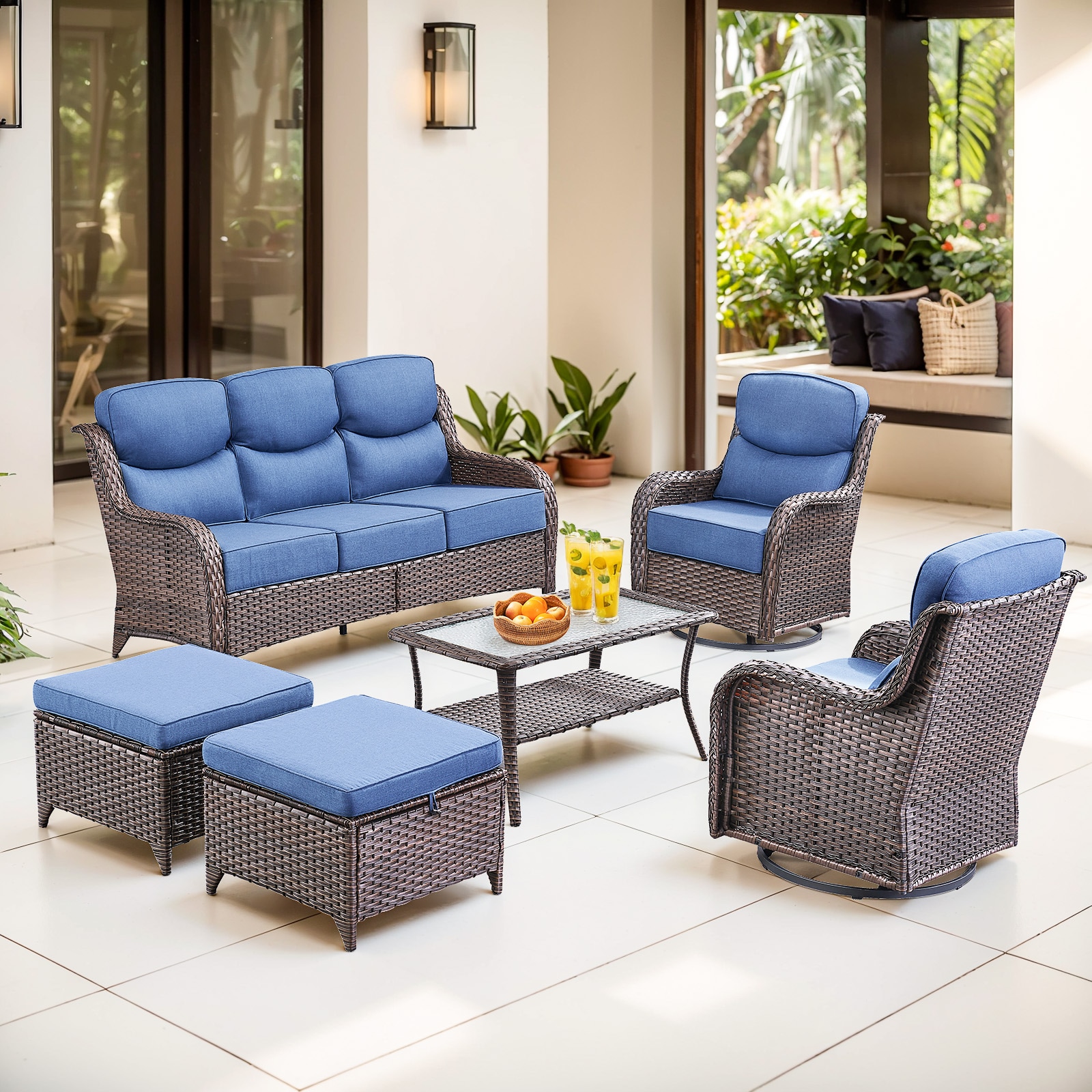Pocassy PJJHXL01323-1 Outdoor Conversation Set 6 -Piece Wicker Patio Sofa Conversation Set with Blue Cushions