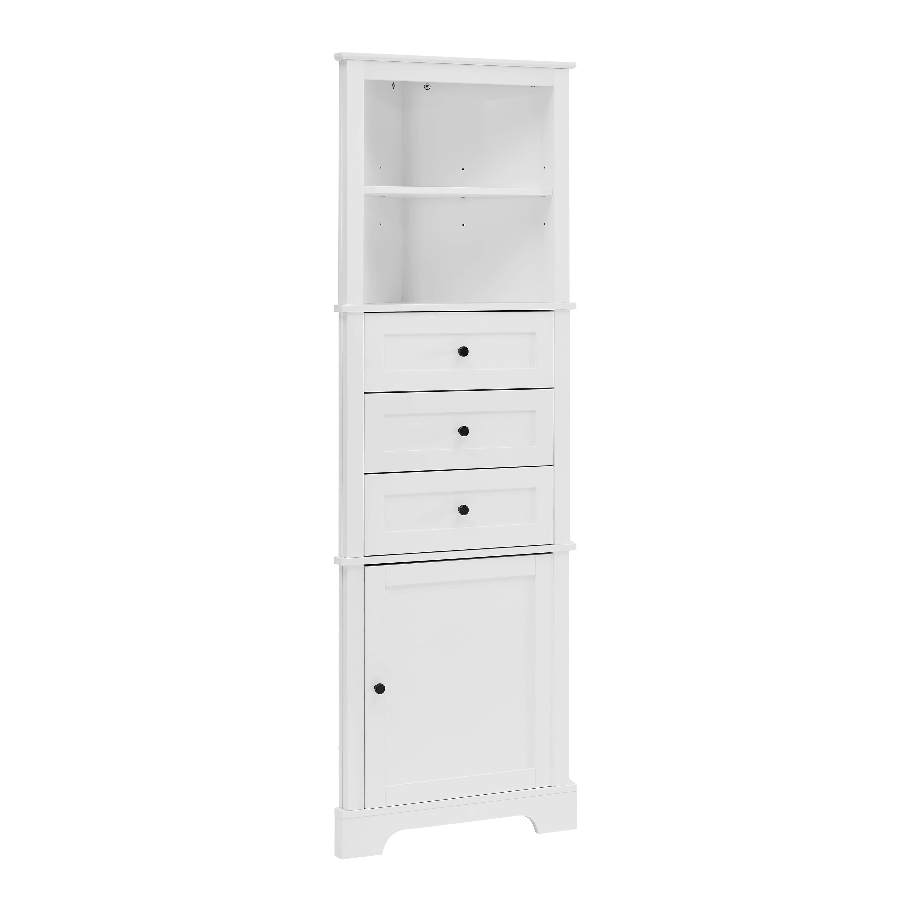 Rbied WJ-LSR-33 White Triangle Tall Linen Cabinet with 3 Drawers and Adjustable Shelves MDF