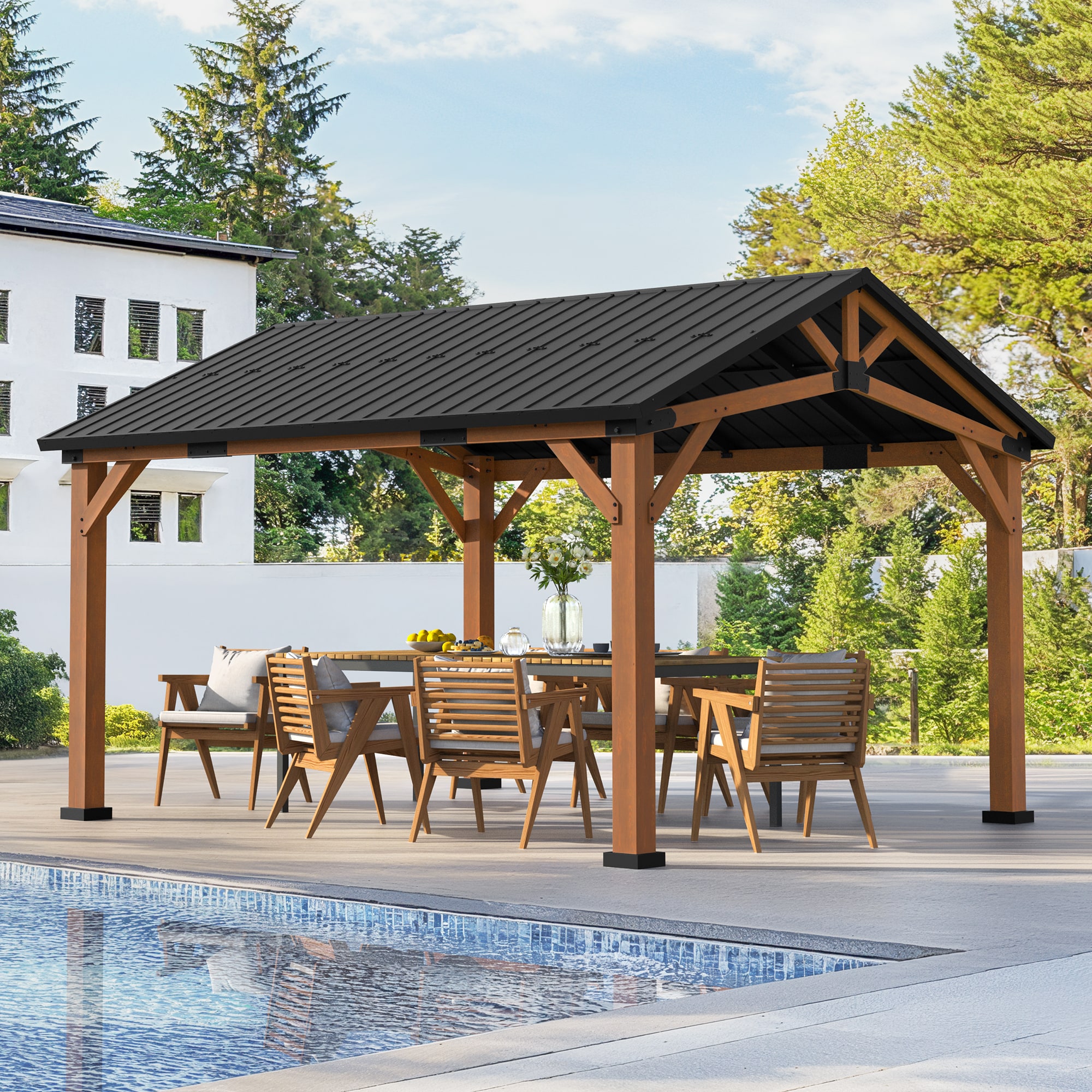 Yurevna TL-015-2ALS 14-ft x 12-ft Gazebo Light Brown Gazebo with Hardtop Roof
