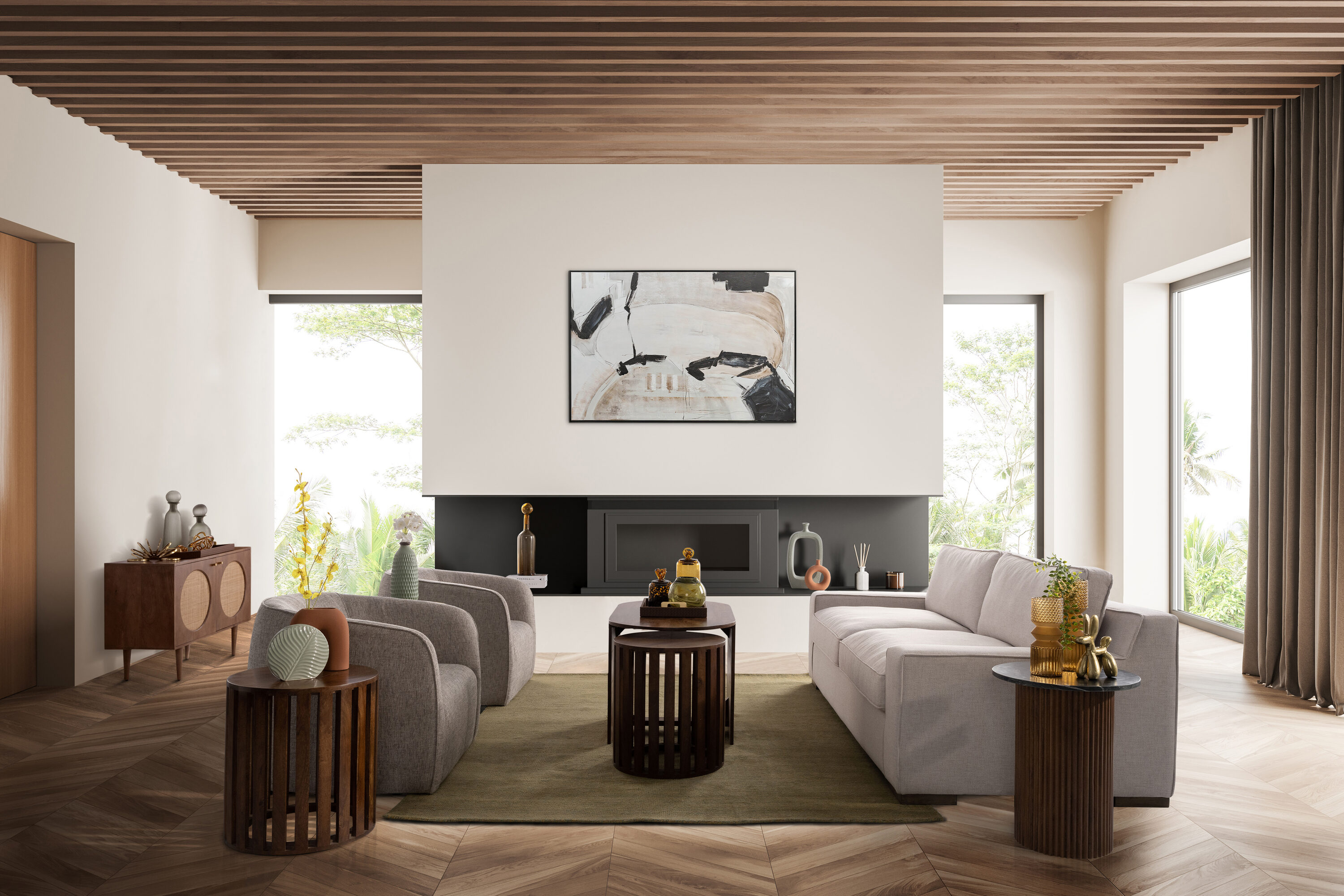 Sagebrook Home 16719 91-in Modern Ivory/Beige Polyester/Blend 3-seater Sofa