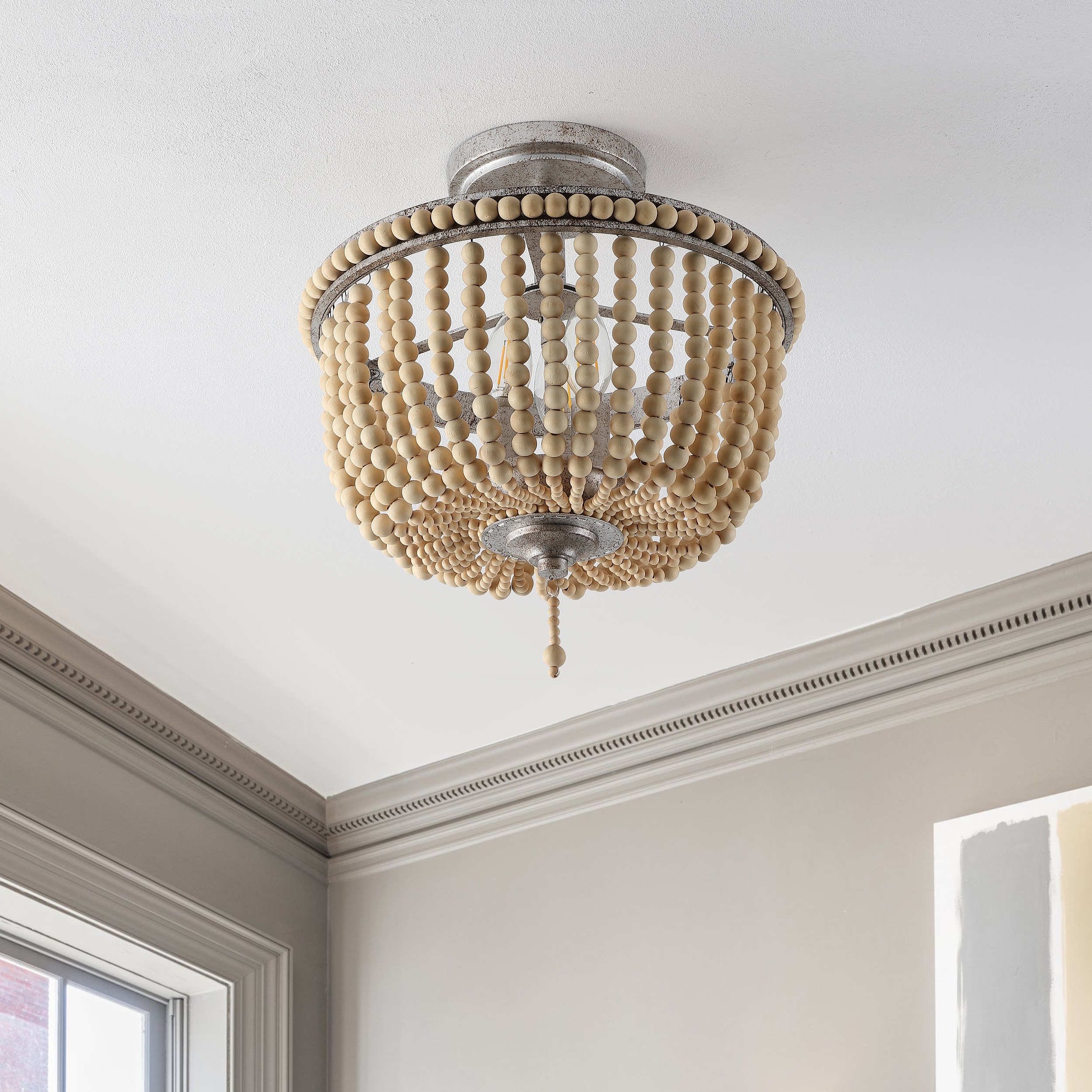 Allie 14" Antique Silver Wood Bead LED Semi Flush Mount Light