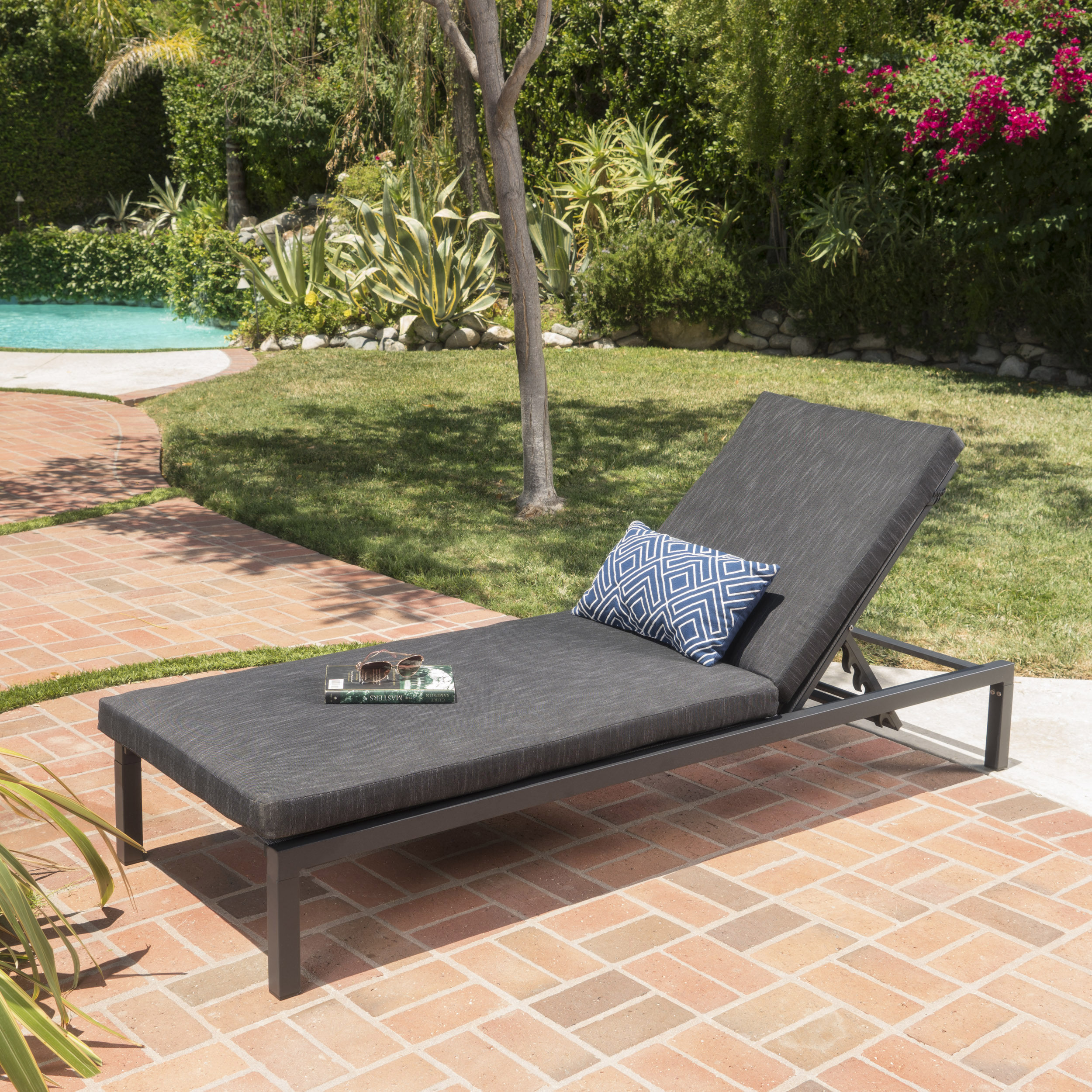 Dark Gray and Black Aluminum Chaise Lounge with Cushions