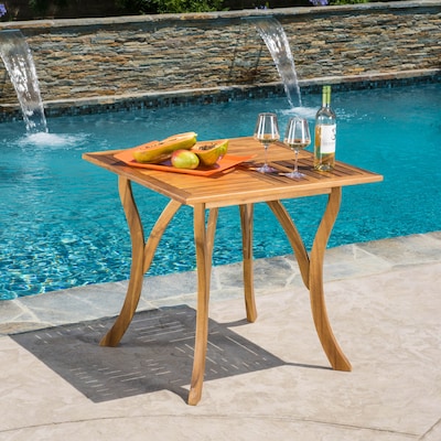 Christopher Knight Home Hermosa Outdoor Transitional Acacia Wood Square 31.5 Inch Patio Dining Table with Slatted Tabletop and Curved Legs Teak Finish