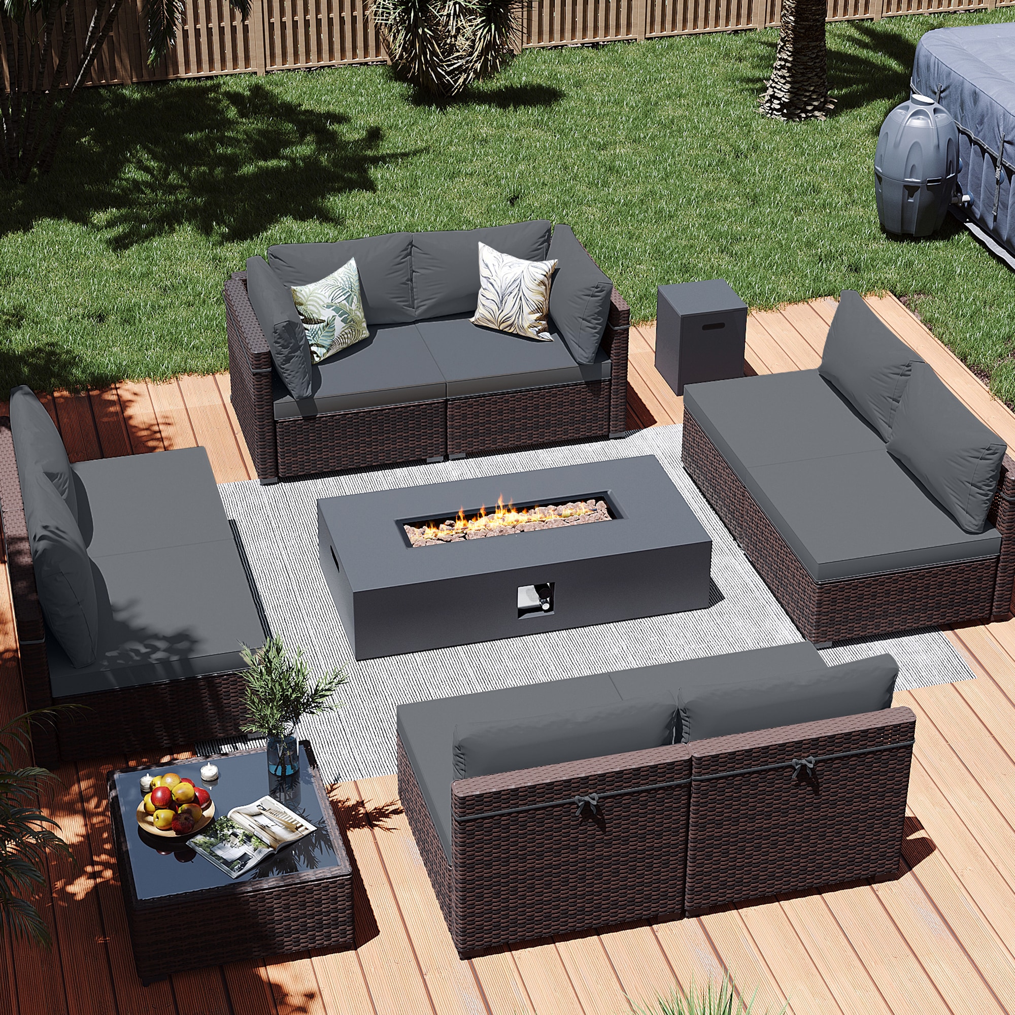 Patio Watcher LS-RT9-KD56DK-B3 10 -Piece Rattan Patio Conversation Set with Gray Cushions