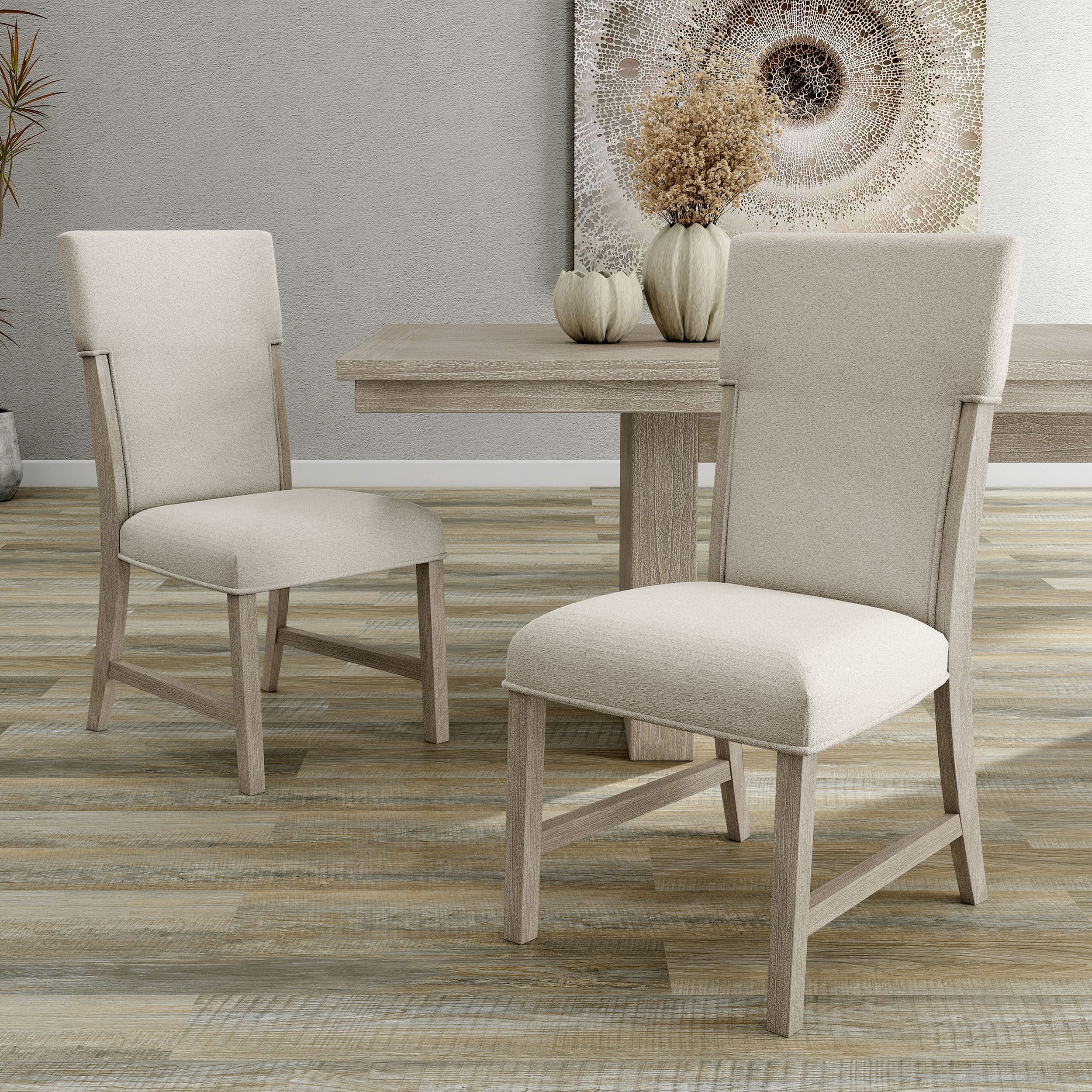 Natural Beige Upholstered Wood Side Chair Set