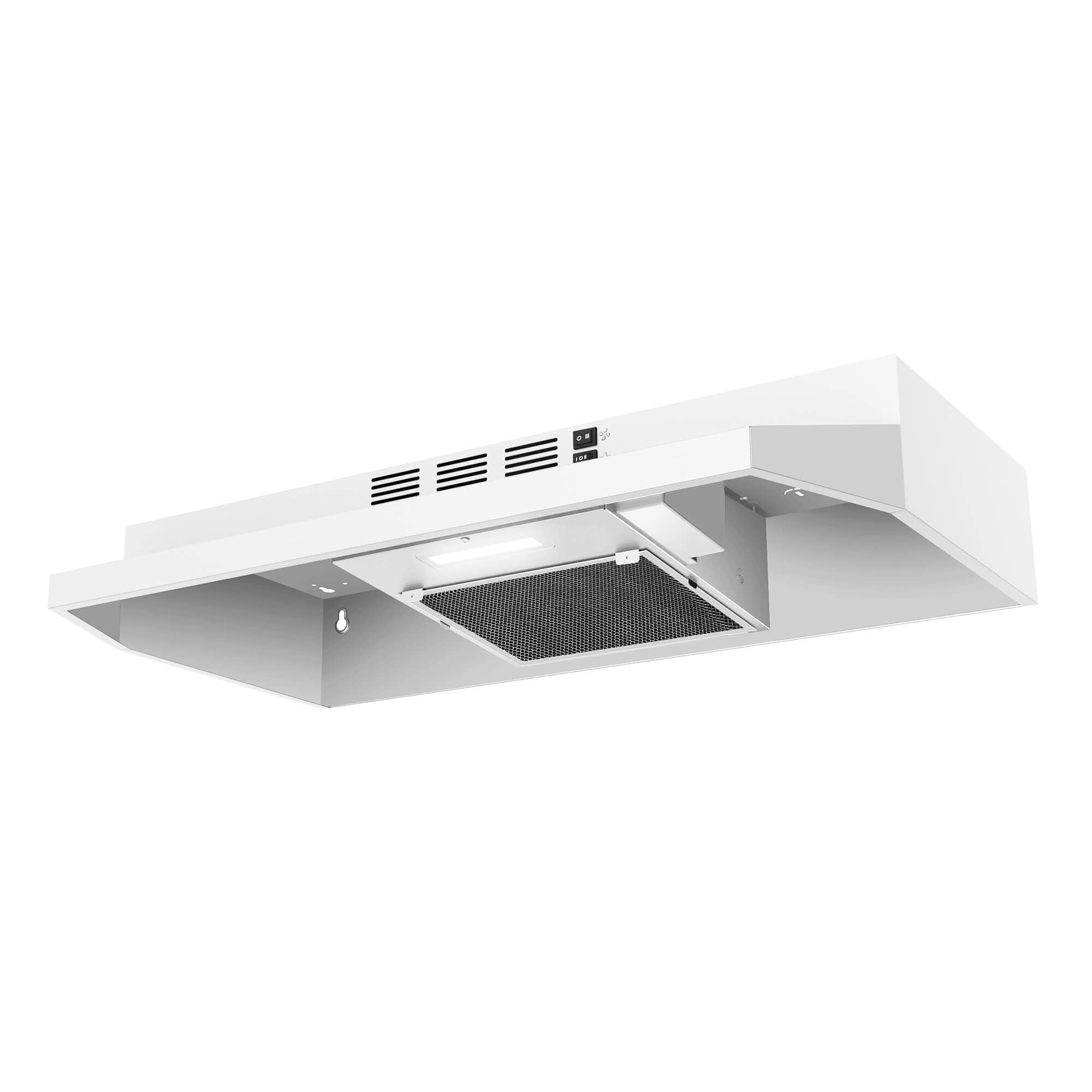 Tieasy 3976WH 30 inch Convertible 250-CFM White Painted Under Cabinet Range Hood with Charcoal Filter