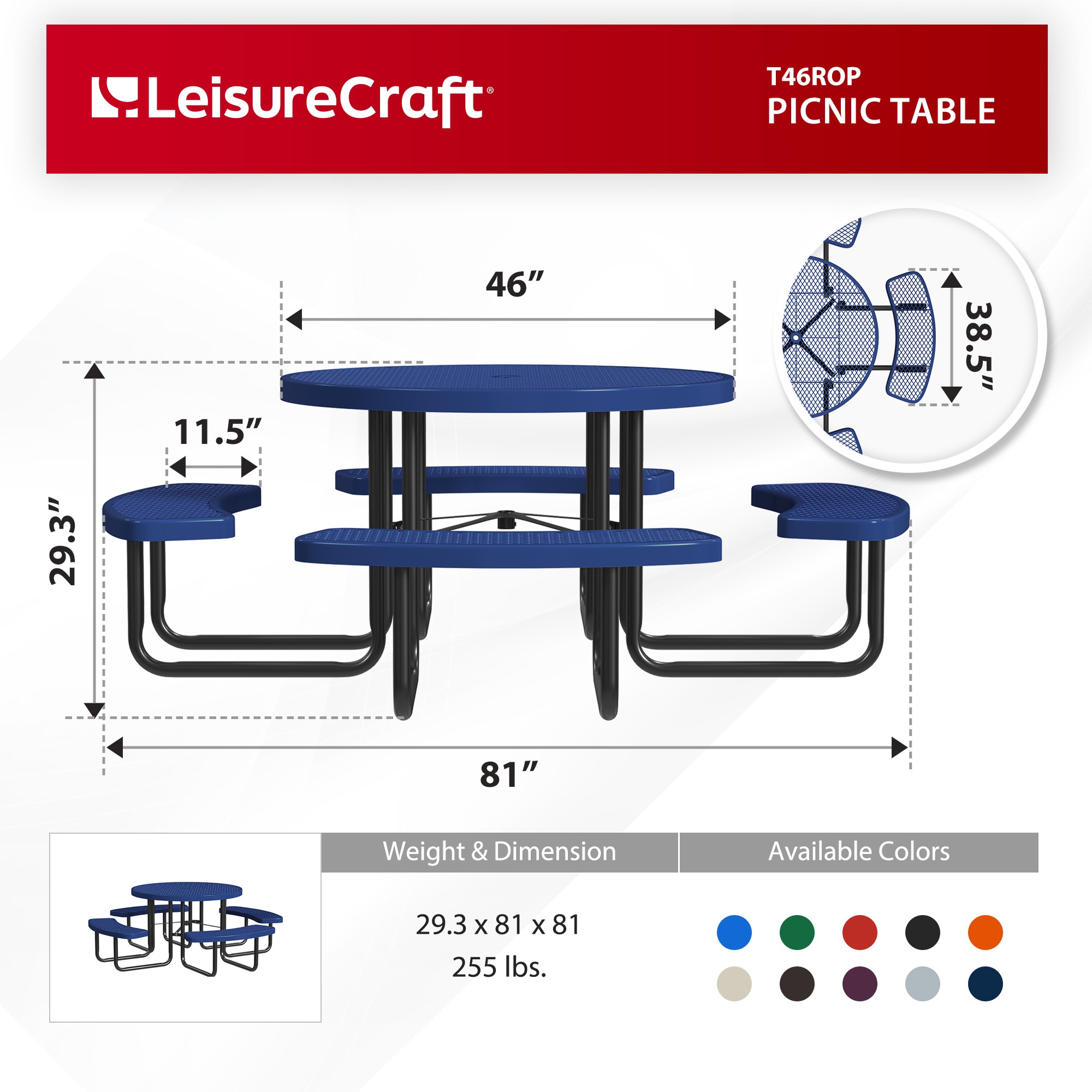 LeisureCraft T46ROP-NAVY Picnic-Tables - View #6