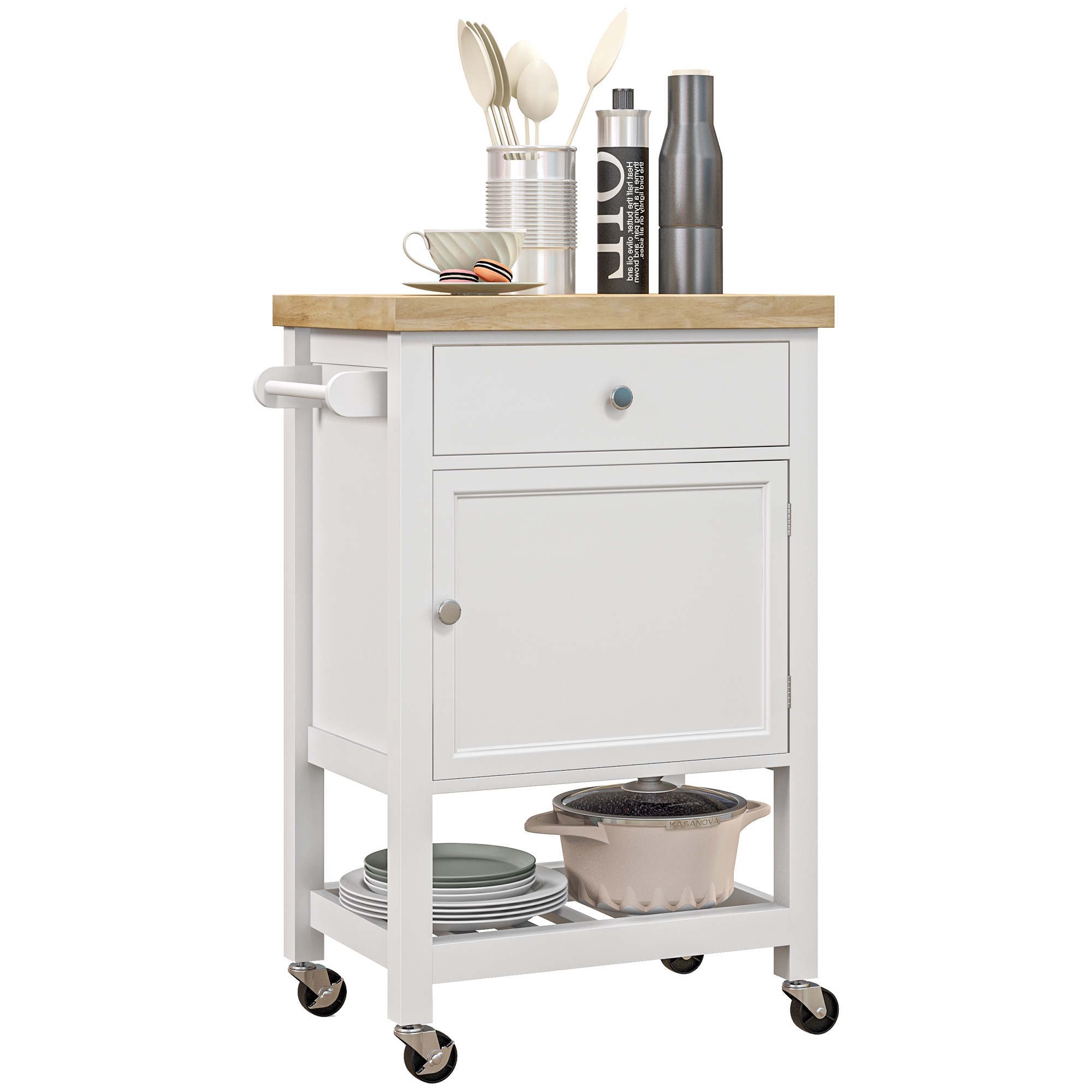 HomCom 801-182V81WT Utility Kitchen Cart Rolling Kitchen Island with Smooth Rubberwood Top Narrow Butcher Block Surface on Wheels with Storage Drawer and Cabinet White