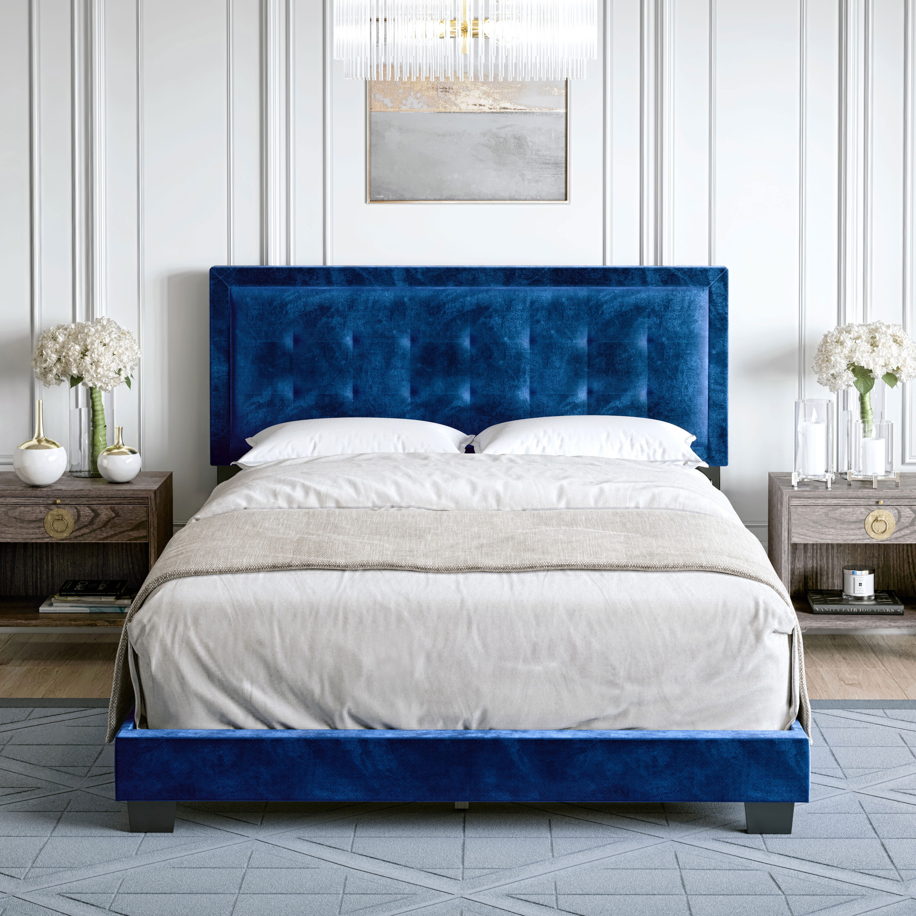 Boyd Sleep HC964403 Pisa Velour Upholstered Platform Bed Frame with Sturdy Wood Slat Support System- No Box Spring Required