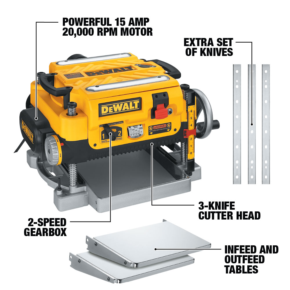DEWALT 15 Amp 13 in. Corded Heavy-Duty Thickness Planer, (3) Knives, In/Out  Feed Tables, and Mobile Thickness Planer Stand DW735XW7350 - The Home Depot