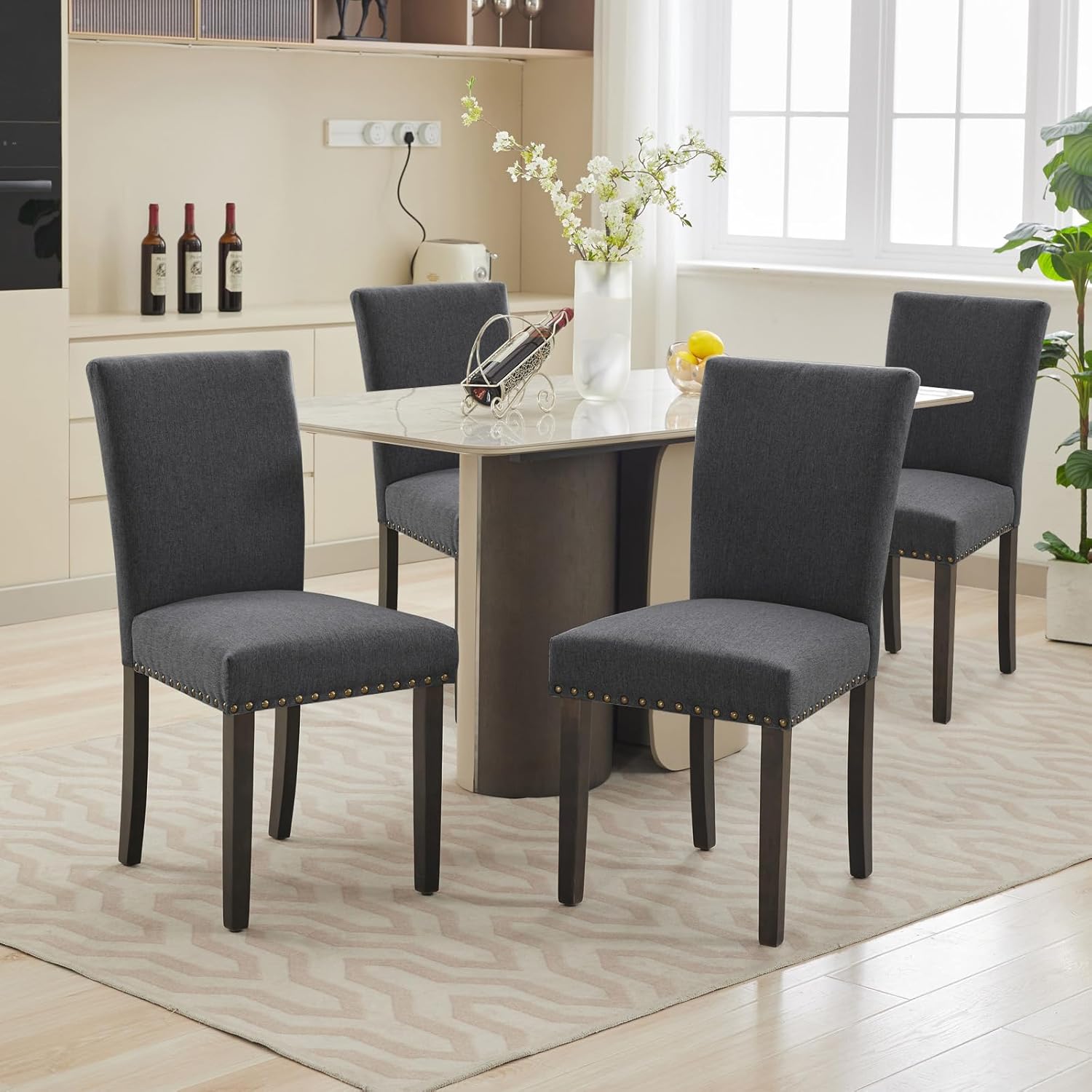 Qeetex LHF-CY-7BL28 Upholstered Dining Chairs Set of 4 - Fabric Parsons Dining Chair with Nailhead Trim - Modern Fabric Accent Chair Kitchen Chairs for Dining Room/Kitchen - Wood Dining Chair Sets Dark Grey