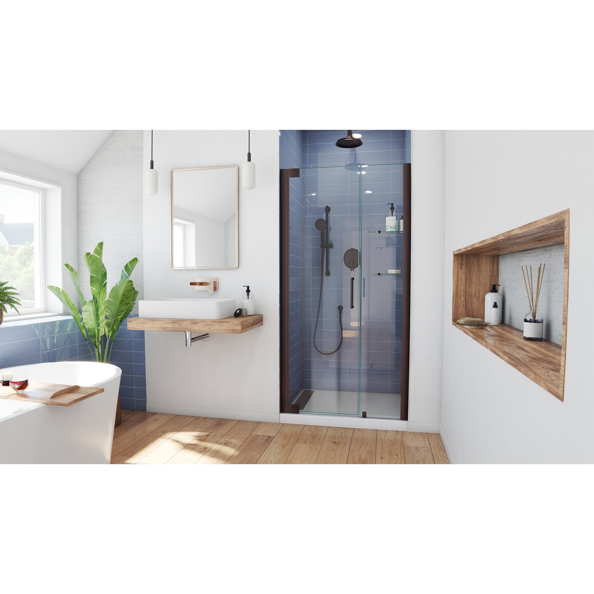 Elegance 51" Frameless Clear Glass Pivot Shower Door in Oil Rubbed Bronze
