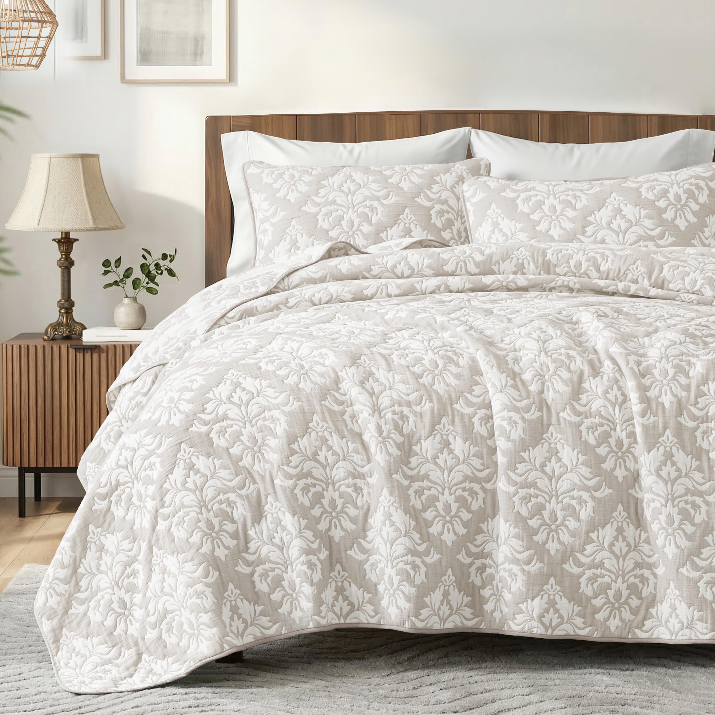 WZKZLH Beige Twin 68x88 in Boho Pattern Yarn Dyed Muslin Quilt Bedding Set Soft Lightweight Breathable All Season Pre washed Cotton Bedspread With Pillow Shams 2 pieces