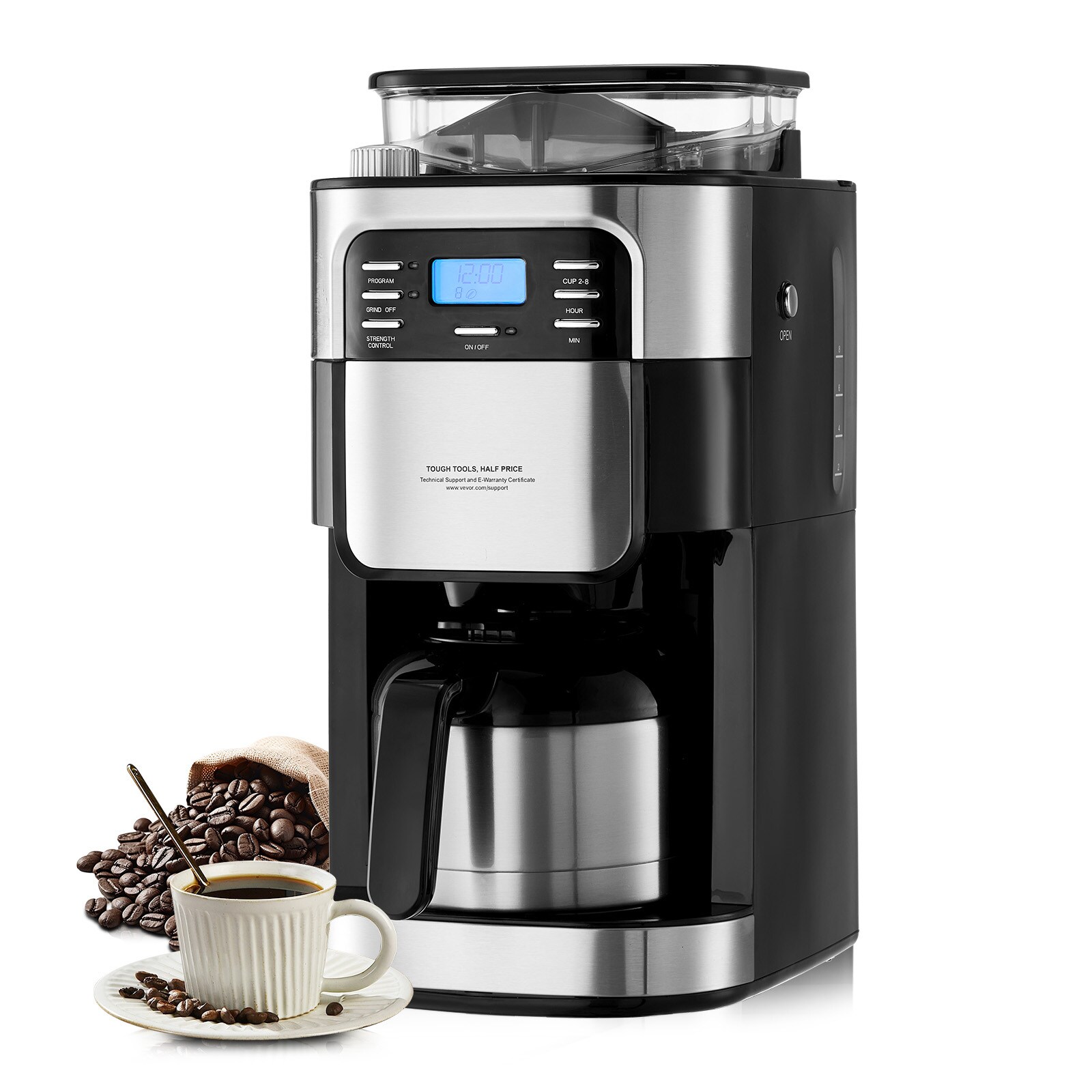 VEVOR ZCKYMCZKFJ12JDRU9V1 Coffee Maker with Grinder 8 -Cup Commercial Combination coffee maker ( Black )