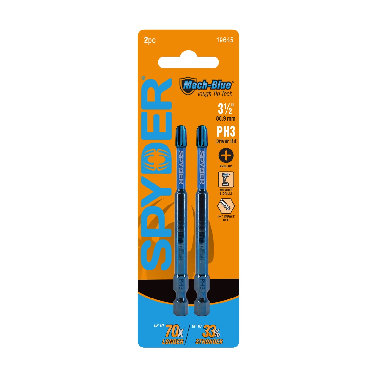 Spyder 19645 Mach-Blue 1/4-in x 3-1/2-in Phillips Impact Driver Bit 2 -Piece