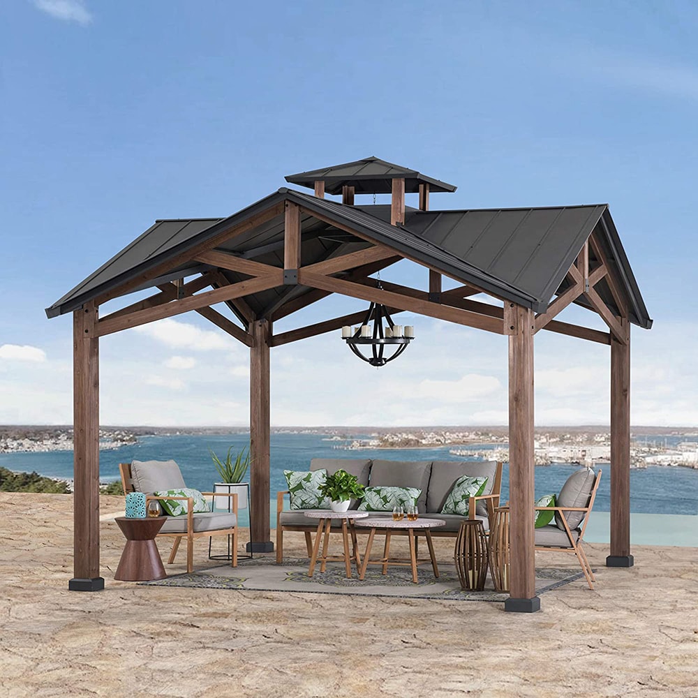 Sunjoy 12.5 ft Cedar Frame Gazebo with Black Steel Roof