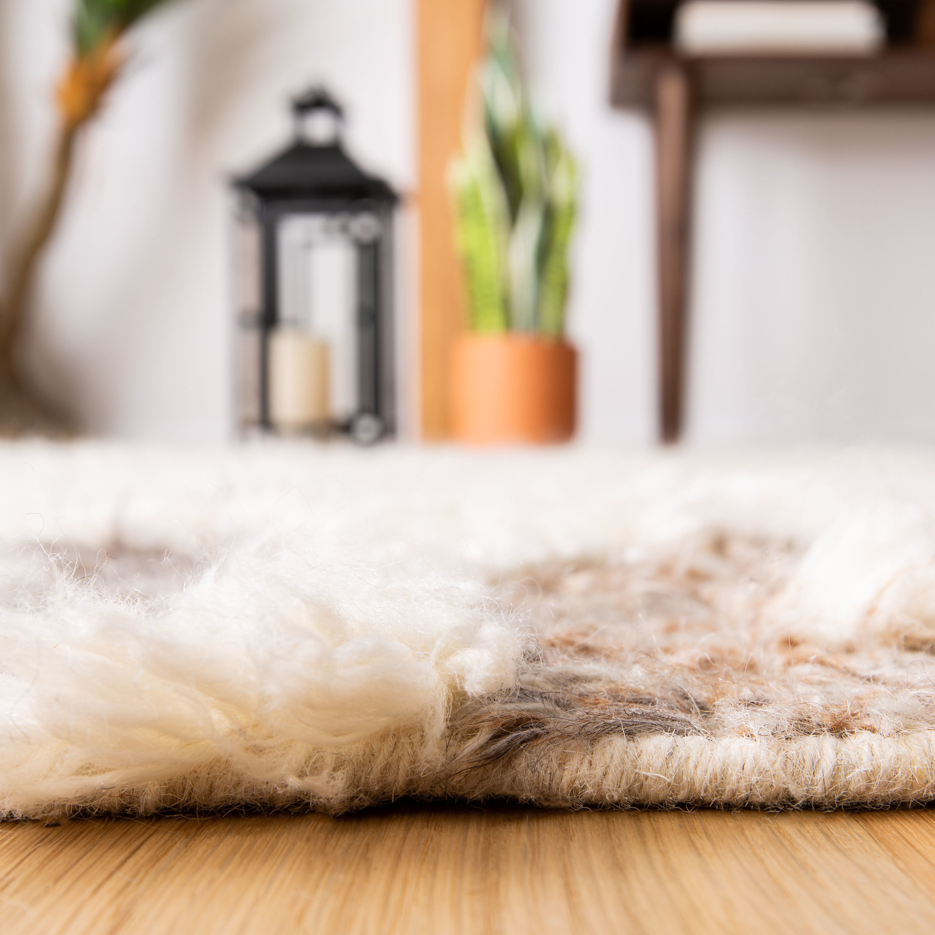 Ivory and Grey Hand-Knotted Wool Shag Runner Rug