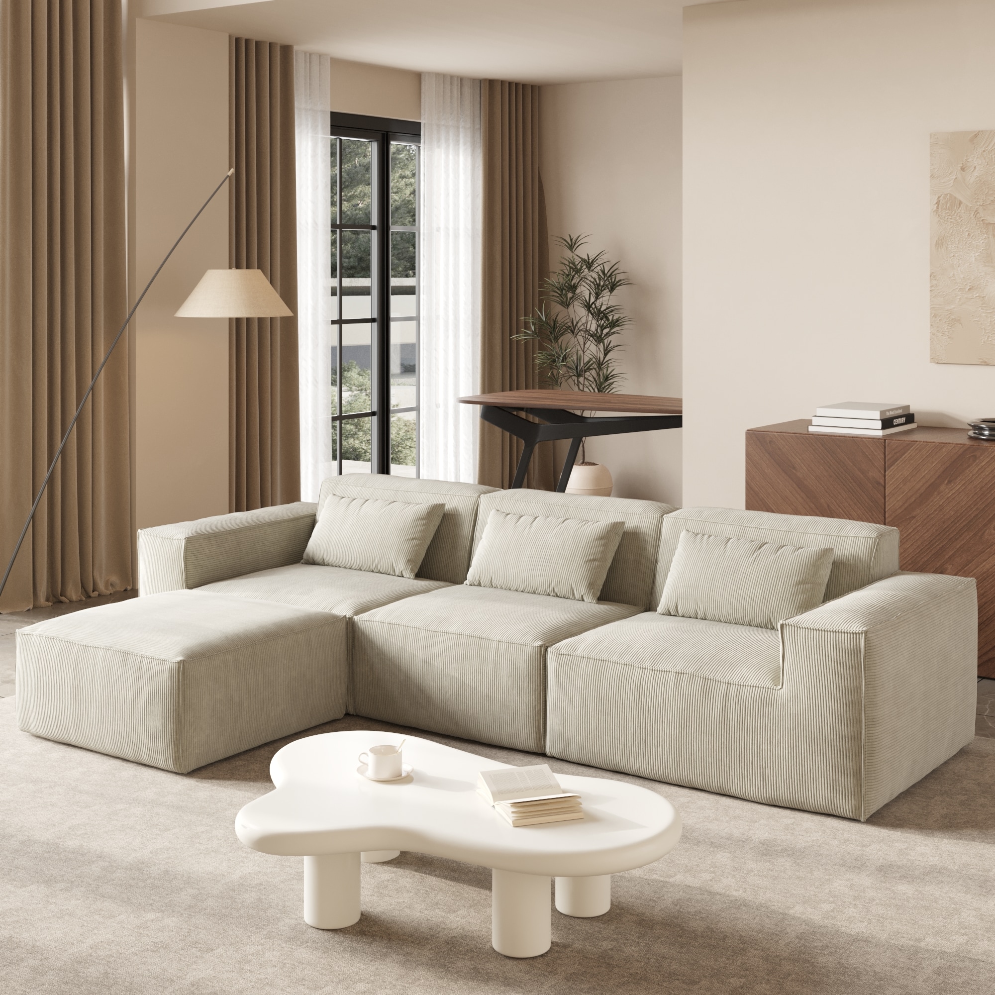 BuotiqHom DH-SF3+1-130BE 118-in Modern Beige Velvet 3 -seater Loveseat