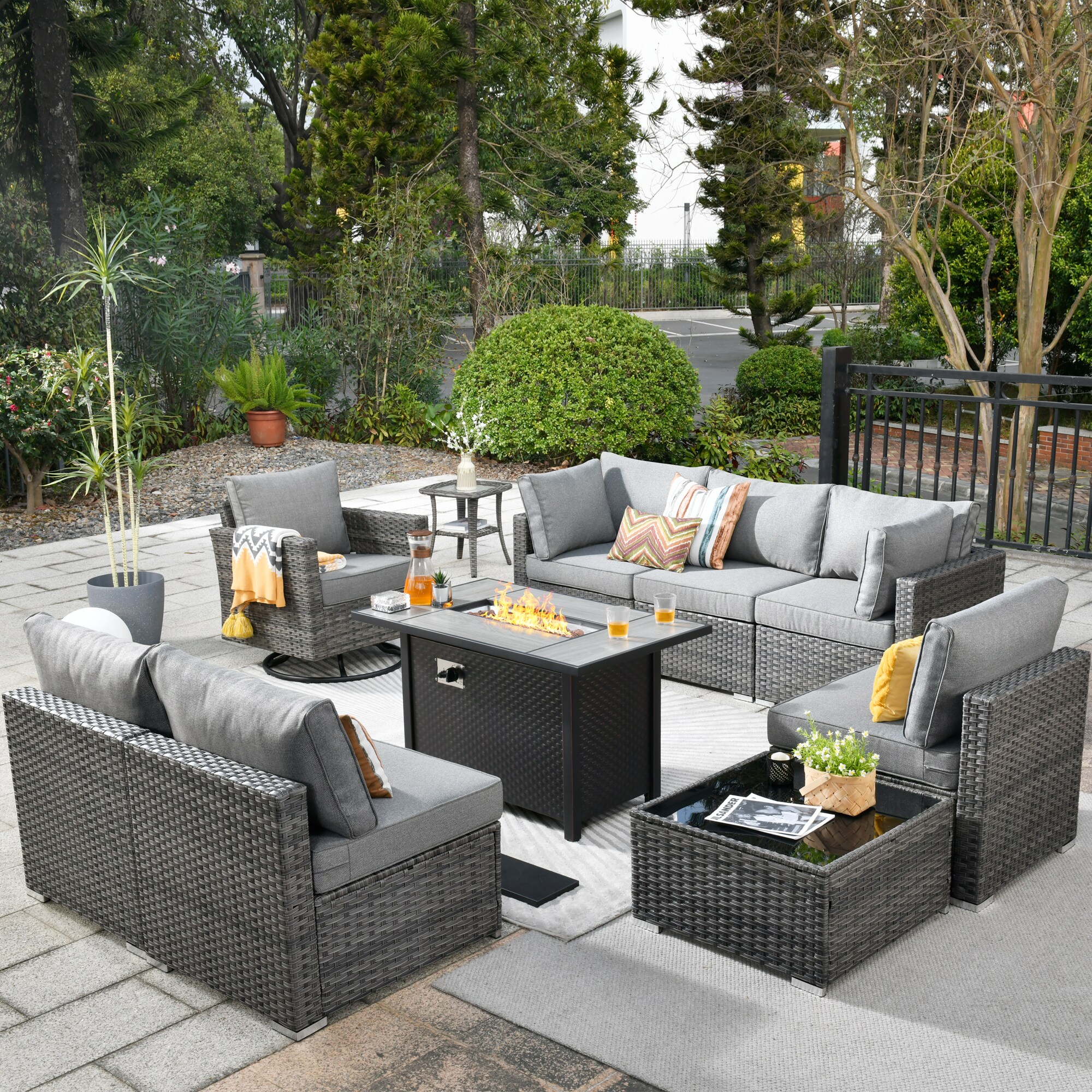 Pouuin Rattan Outdoor Sectional With Gray Cushion(s) And Wicker Frame 