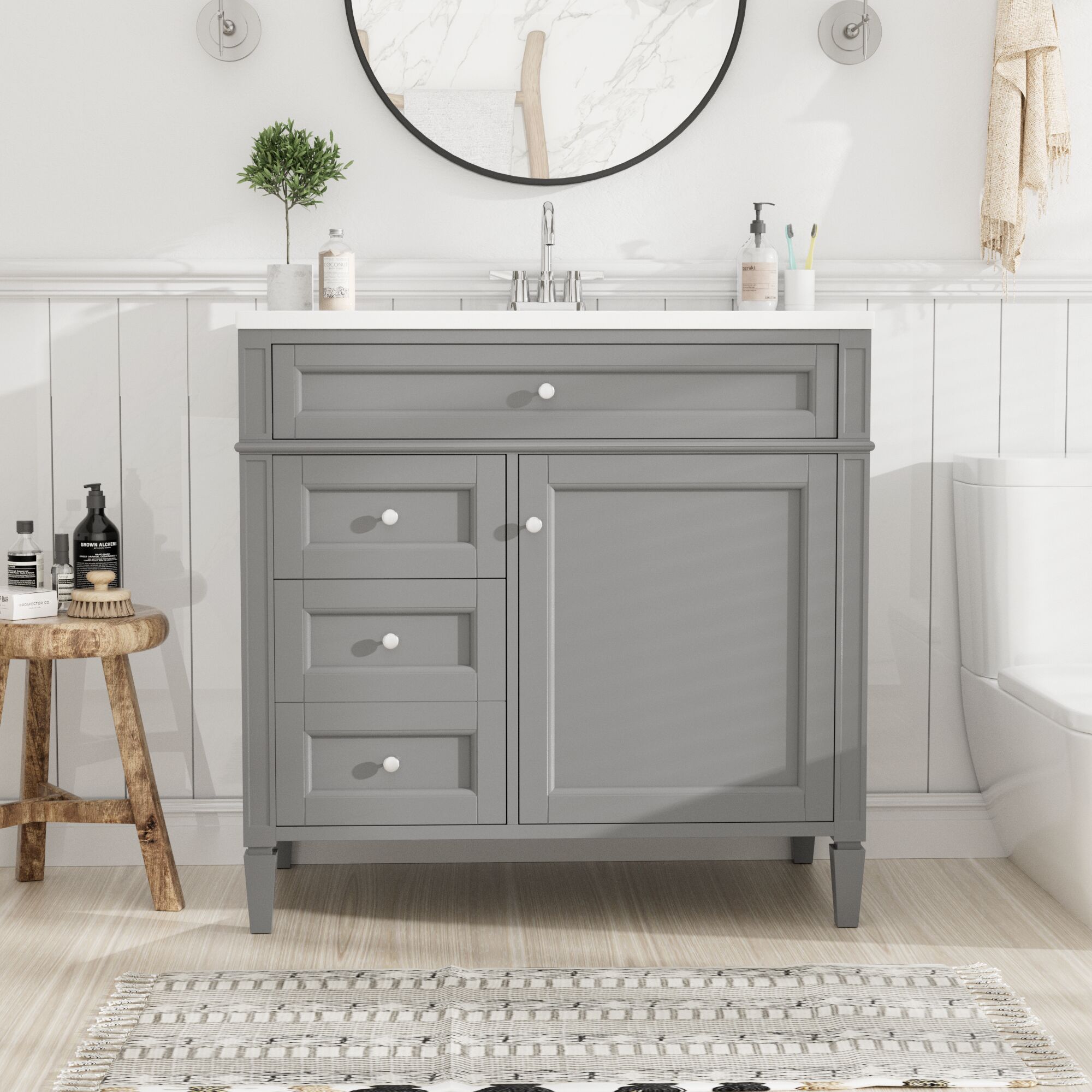 Afhocomp 36 in. Single Sink Freestanding Gray Bath Vanity with White Integral Ceramic Basin