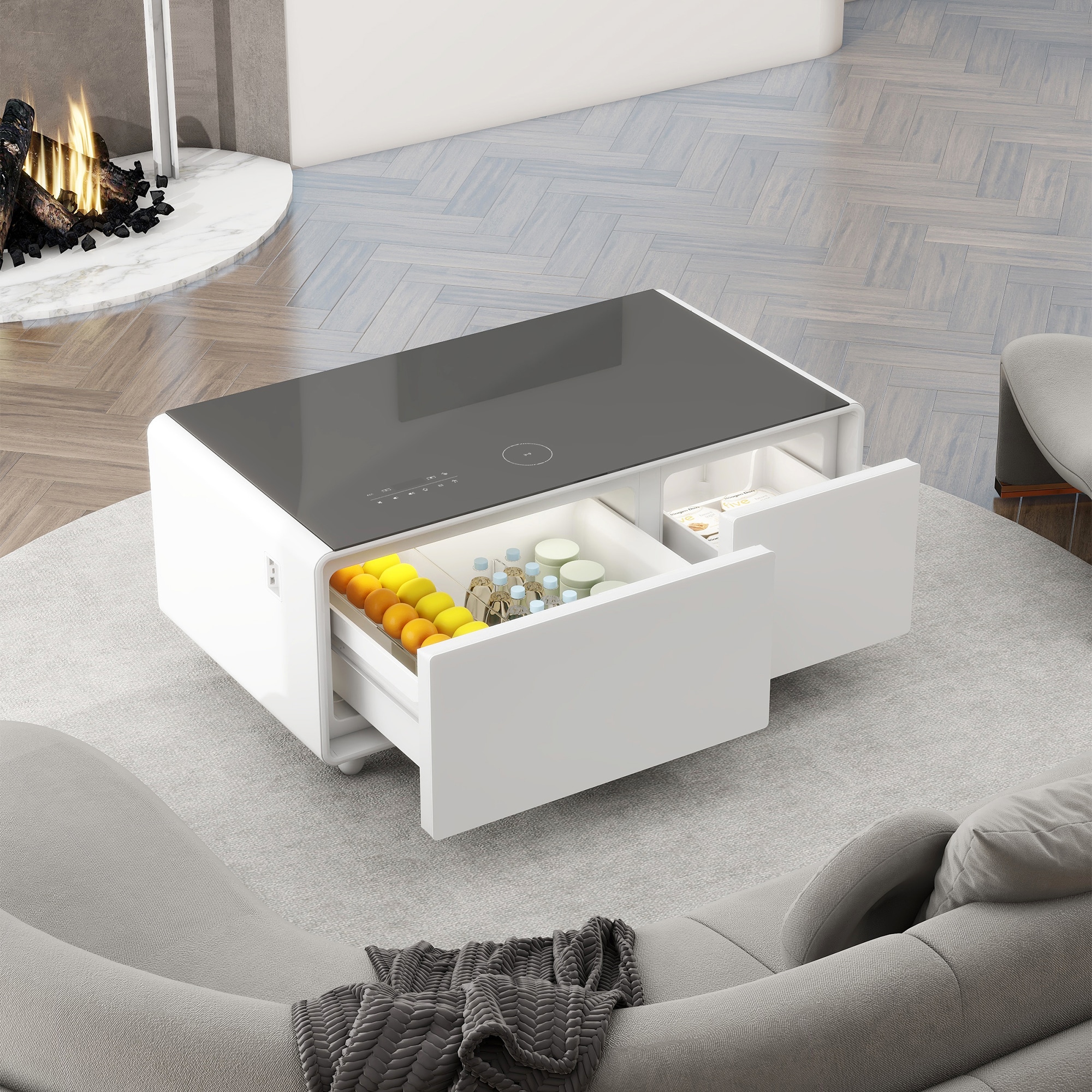 Modern Smart Coffee Table With Built In Fridge Bluetooth Speaker Wireless Charging Touch Control Panel Usb Ports Outlet Protection Atmosphere Light White