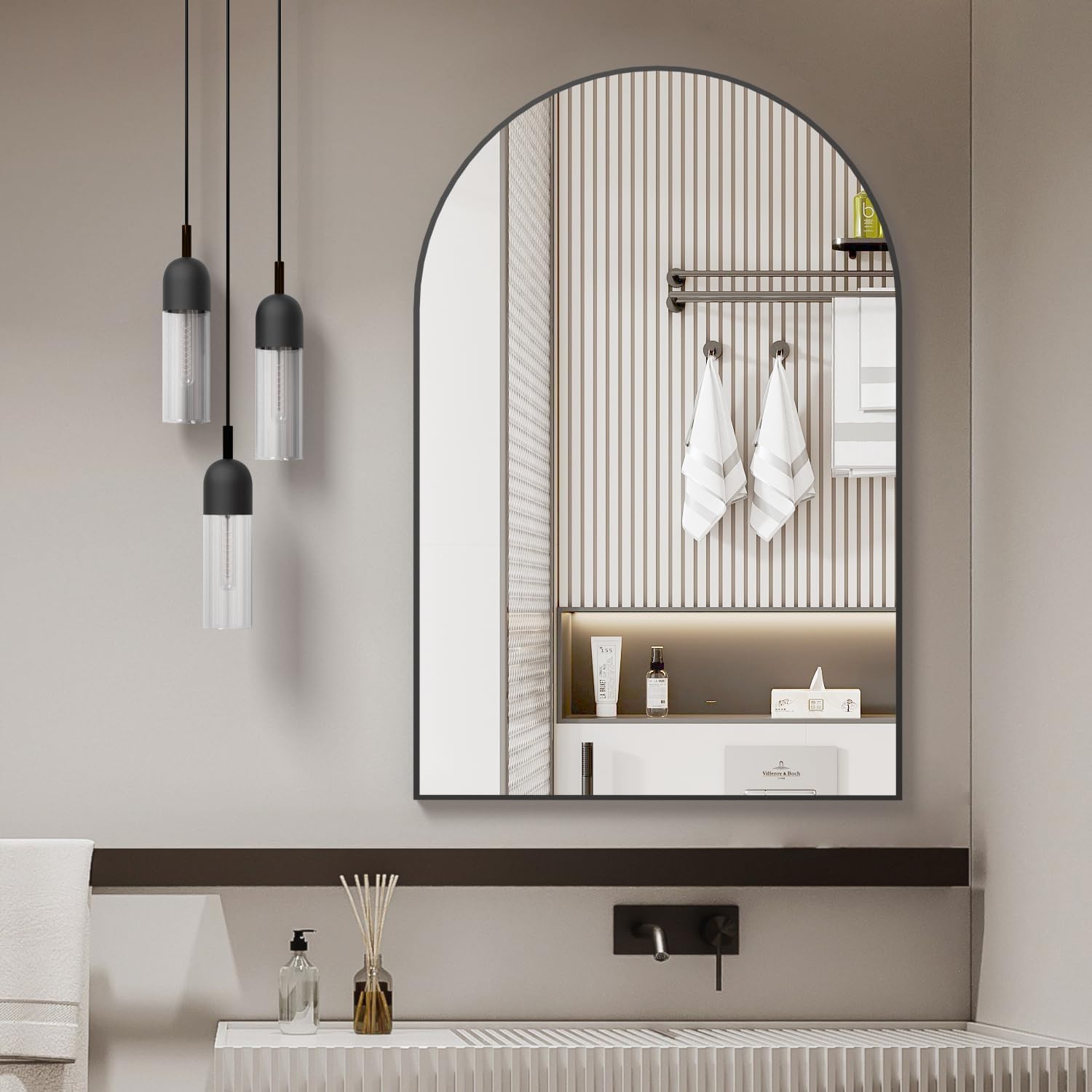 Clihome 24-in x 32-in Framed Arch Bathroom Vanity Mirror ( Black )