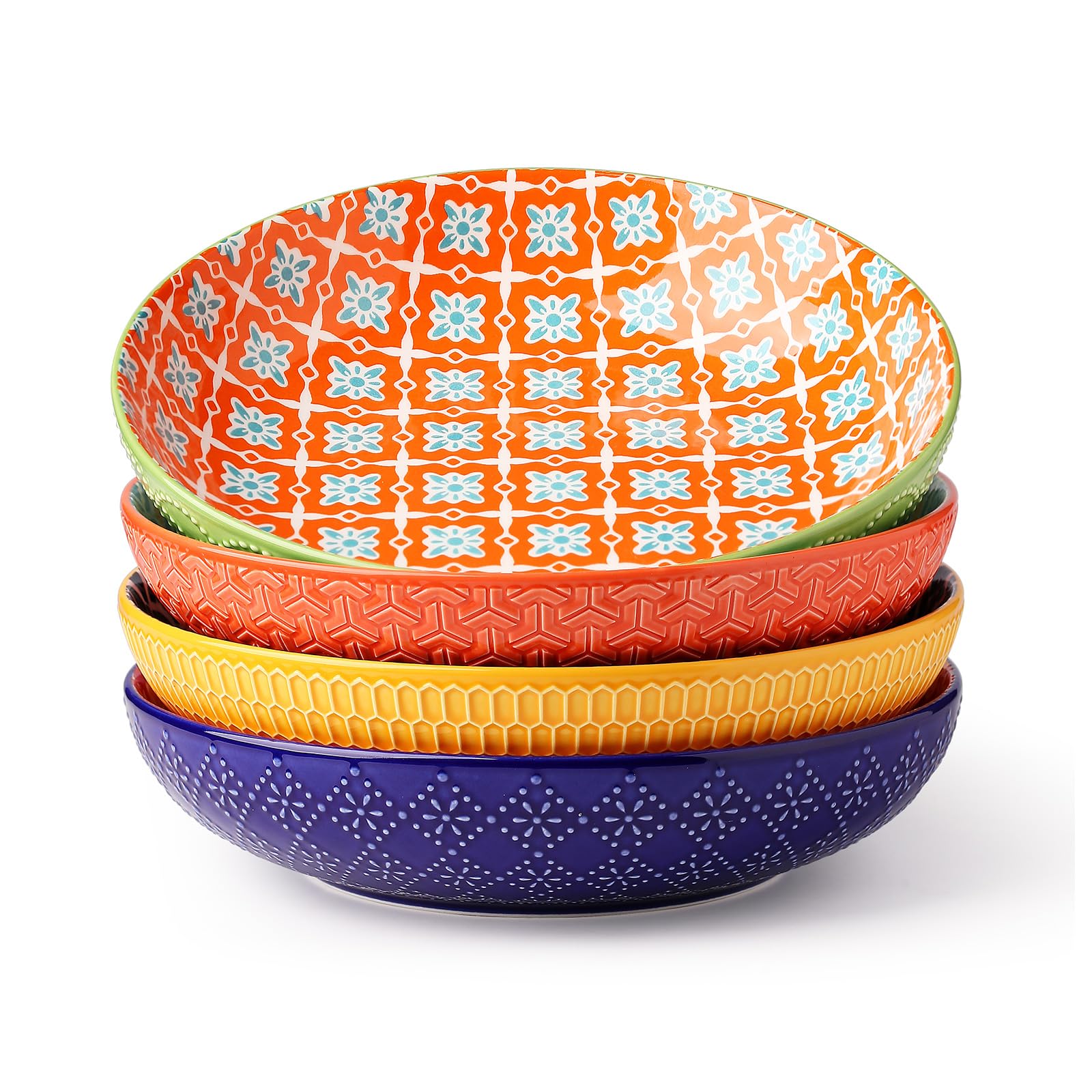 Aoibox  40 fl oz Multicolor Embossed Ceramic Wide Shallow Pasta Salad Serving Microwave Safe Bowl Set of 4