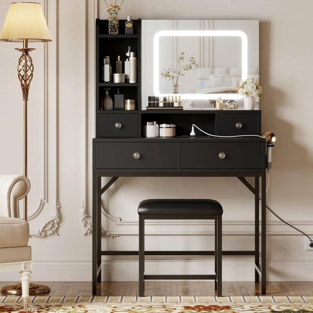 Qeetex SUN-PHO-339HK89R Makeup Vanity Desk with Mirror Charging Station LED Lights 4 Drawers 2 Open Shelves and Stool for Bedroom or Makeup Studio
