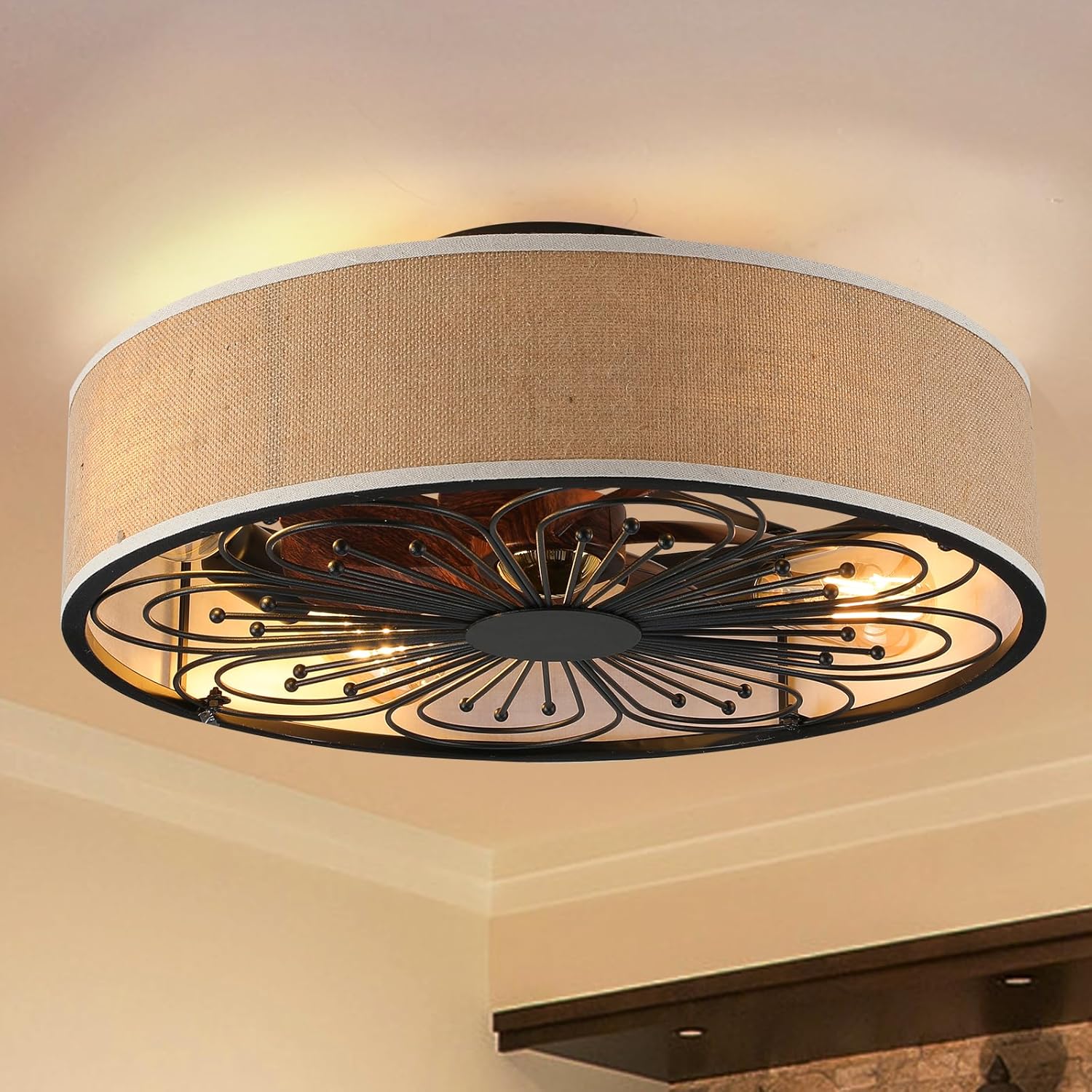Tatayosi JJ-P343836 20 Inch White Caged Ceiling Fan with Remote Control and Fabric Shade