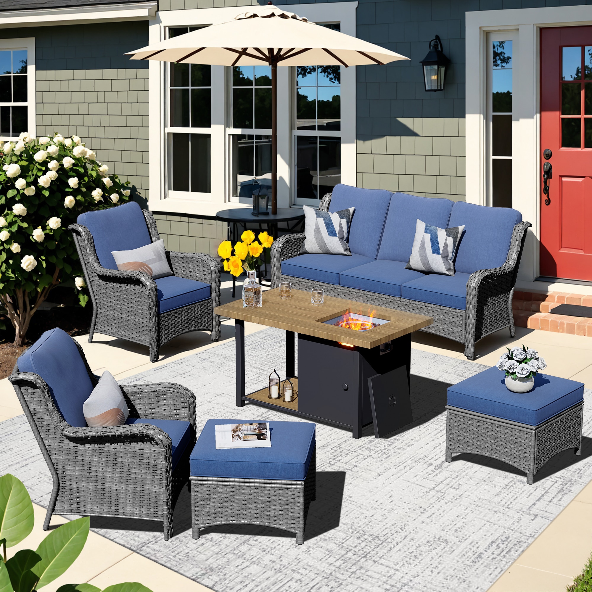 XIZZI XIGXCT3163-DFP Vesta 6-Piece Wicker Patio Sofa Conversation Set with Blue Cushions