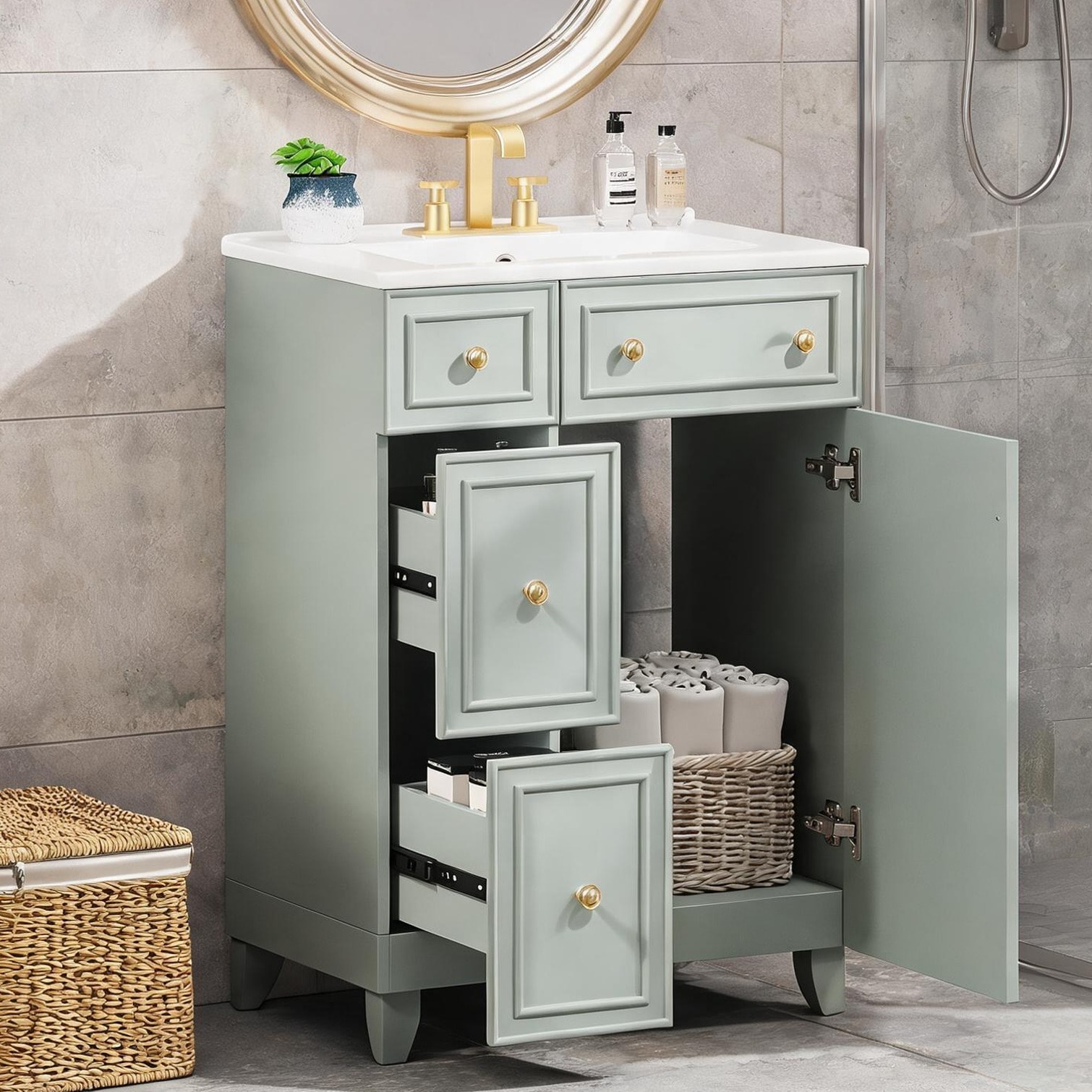 SunJet Green-Toned 24-Inch Bathroom Vanity with Ceramic Sink Space ...