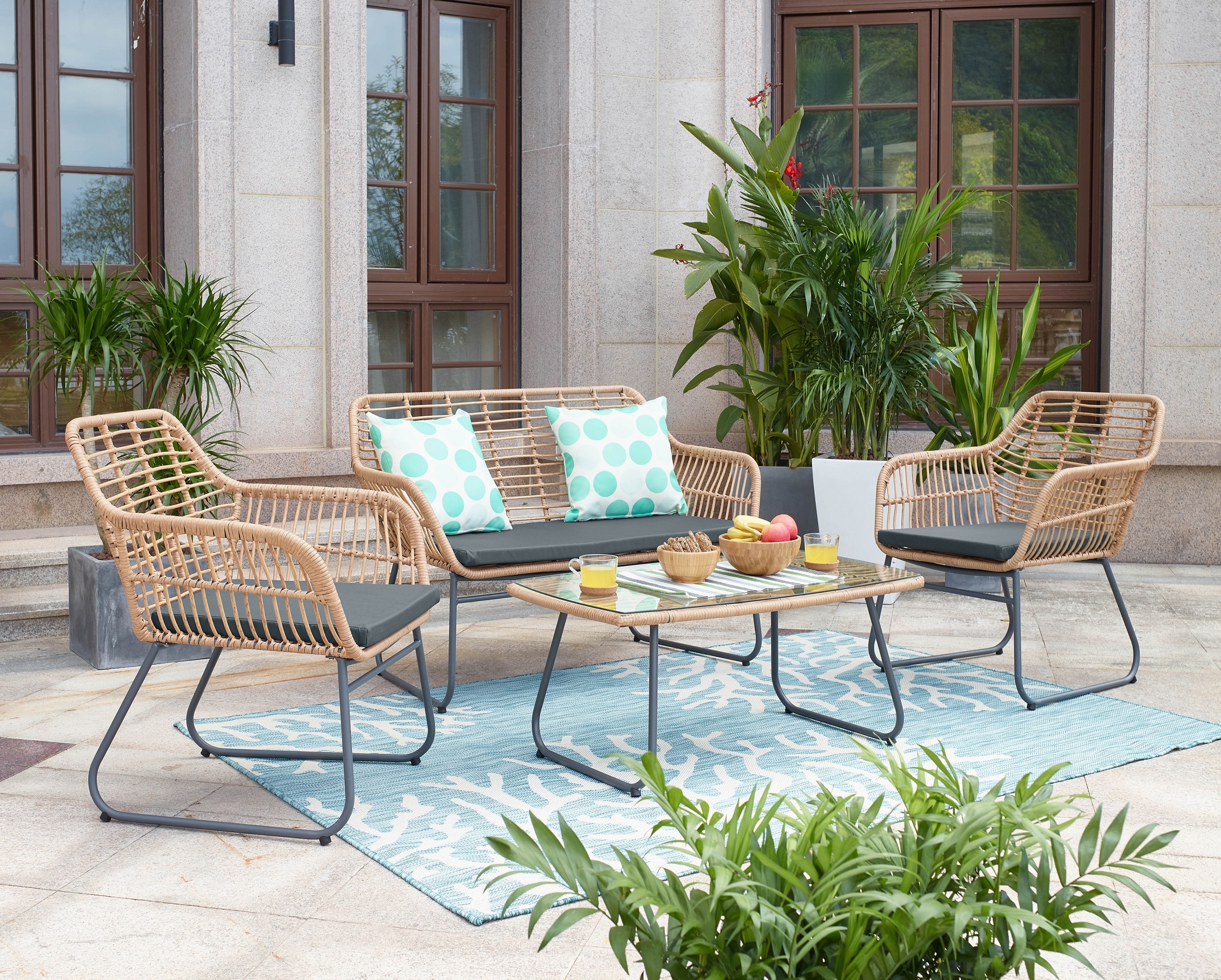 Manhattan Comfort OD-CV011-GY 4 -Piece Rattan Patio Conversation Set with Gray Cushions