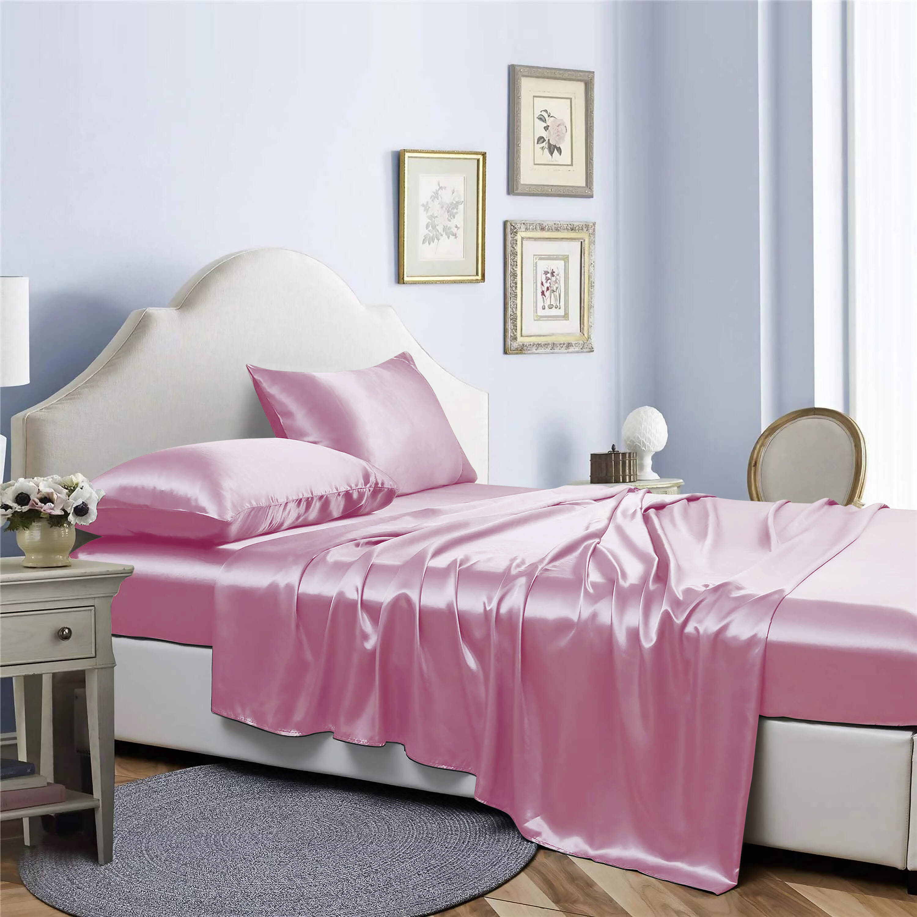 Bibb Home Queen Polyester Pink 4 -Piece Bed Sheet Set