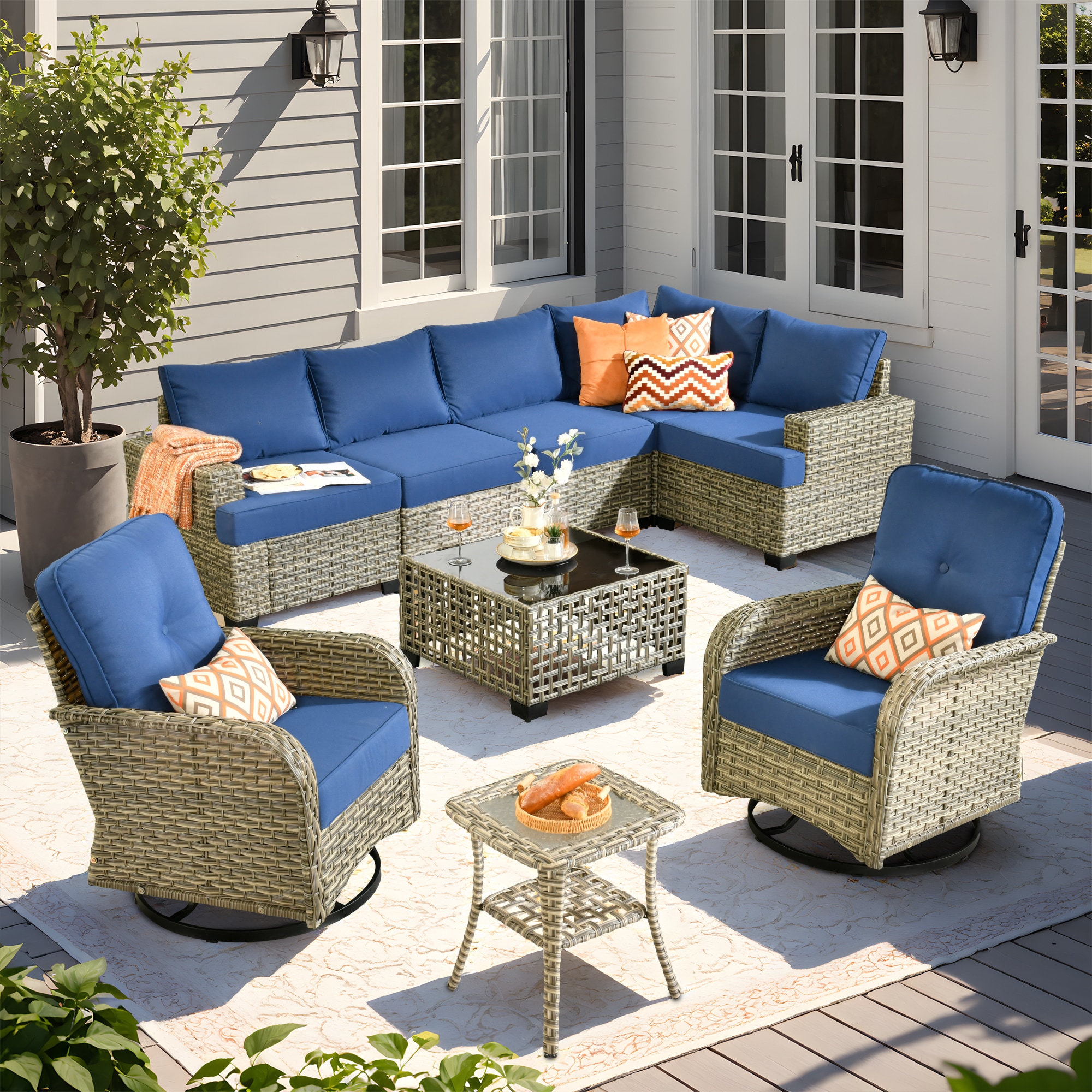 Pouuin SVYZBS700-9 Wicker Outdoor Sectional with Navy Cushions and Wicker Frame
