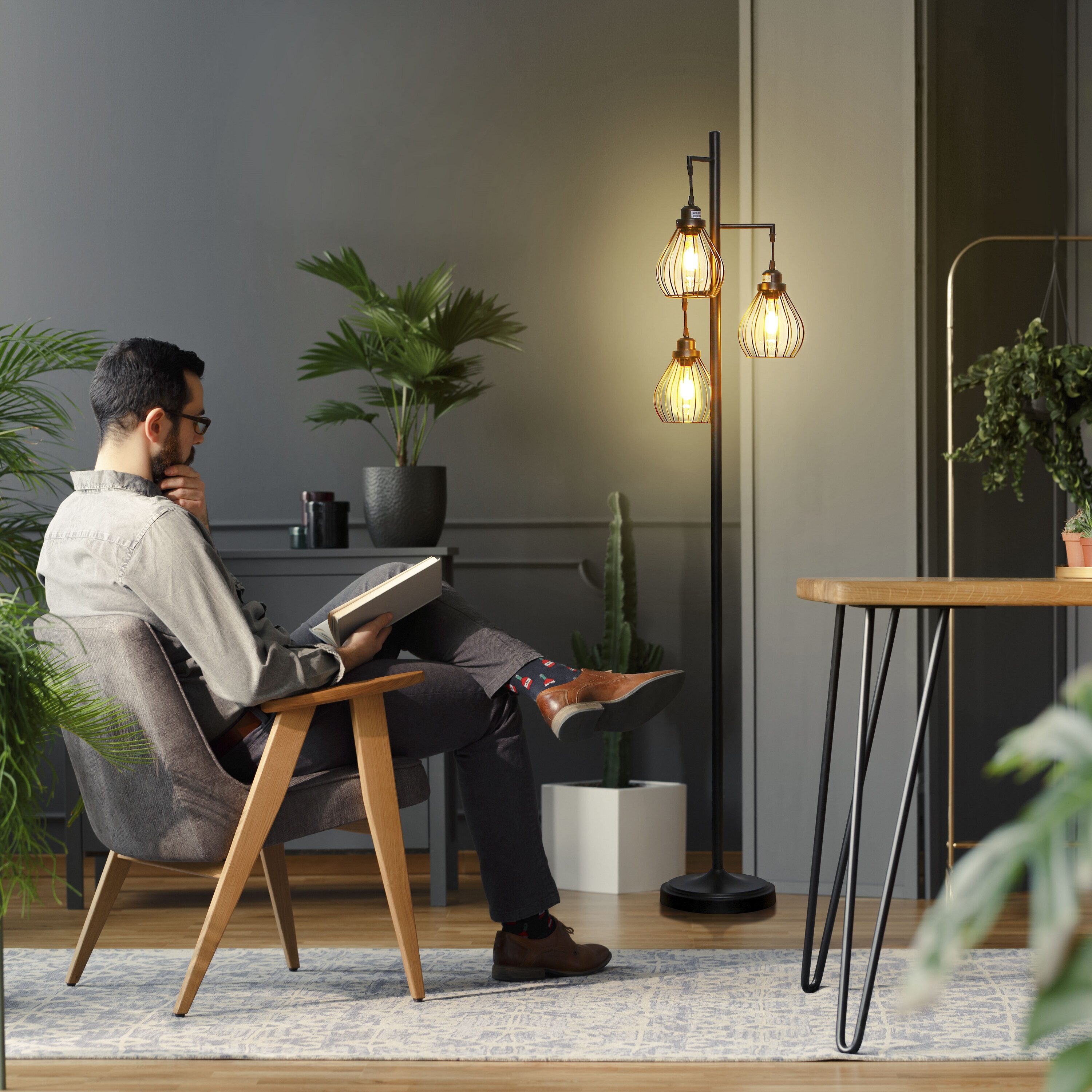 Edison Inspired Multi-Head 68" Black LED Floor Lamp