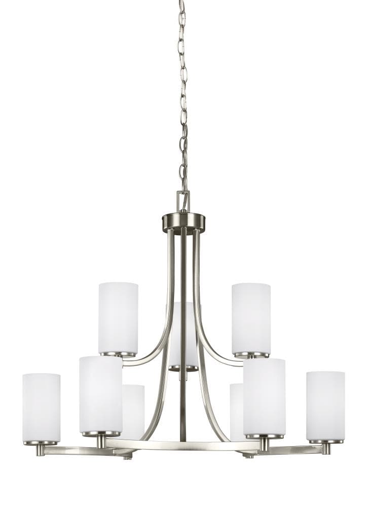 Modern Brushed Nickel 9-Light Chandelier with White Glass Shades