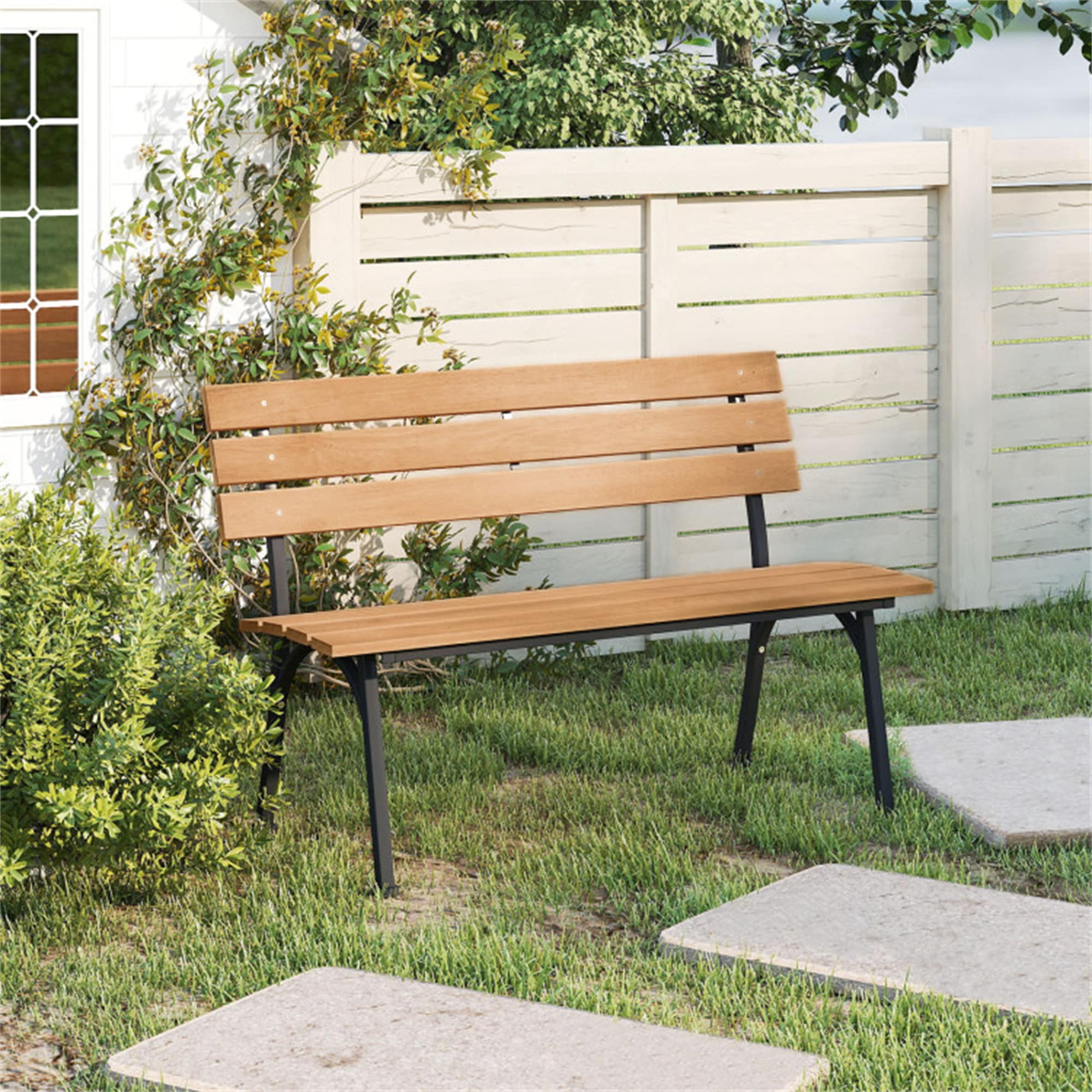 BABOOM - Outdoor Acacia Wood Bench 47-in W x 31-in H Natural + Black Steel Garden Bench