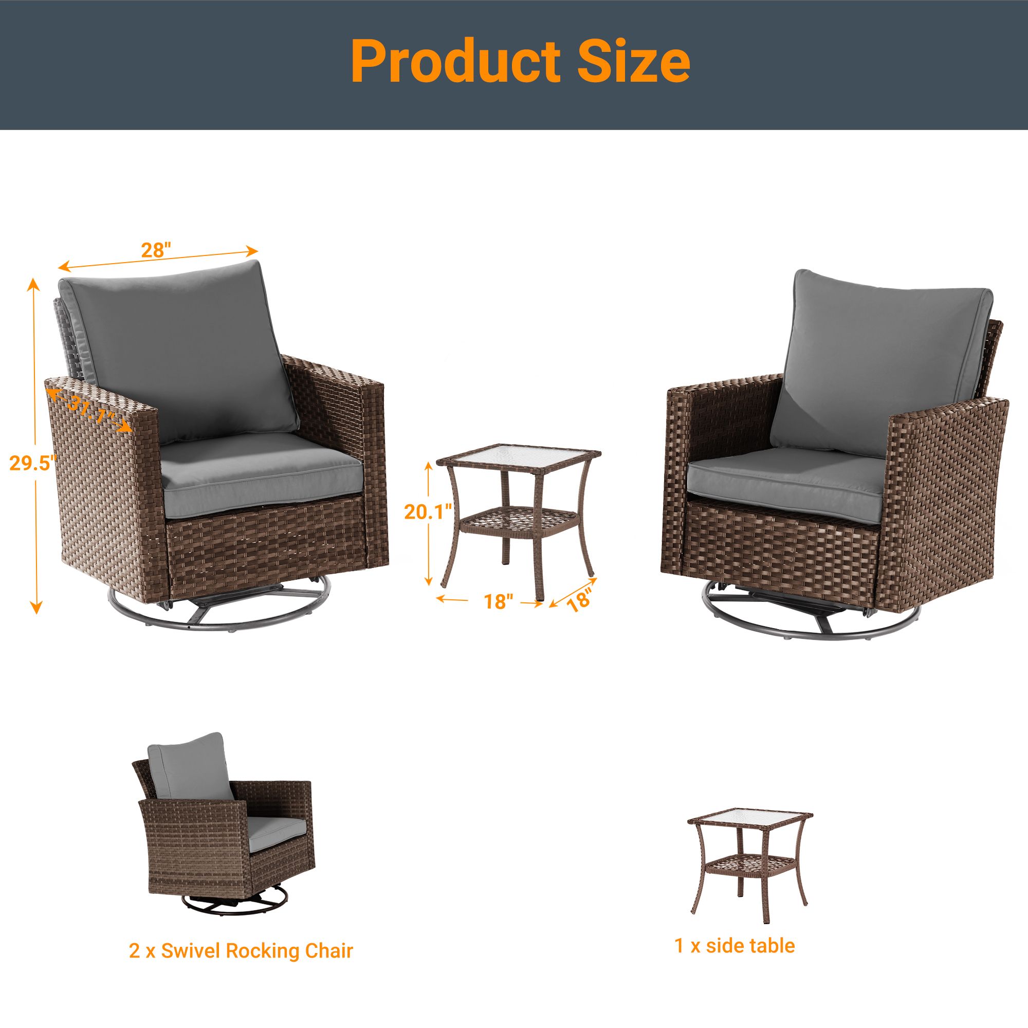 Sonkuki 3-Piece Rattan Patio Conversation Set with Gray Cushions in the ...