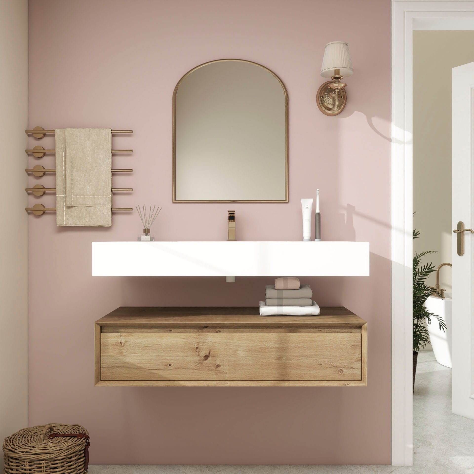 BV Better Vanity BT1742-OAK Alysa 42-in White Oak Single sink Floating Bathroom Vanity with White Acrylic Top