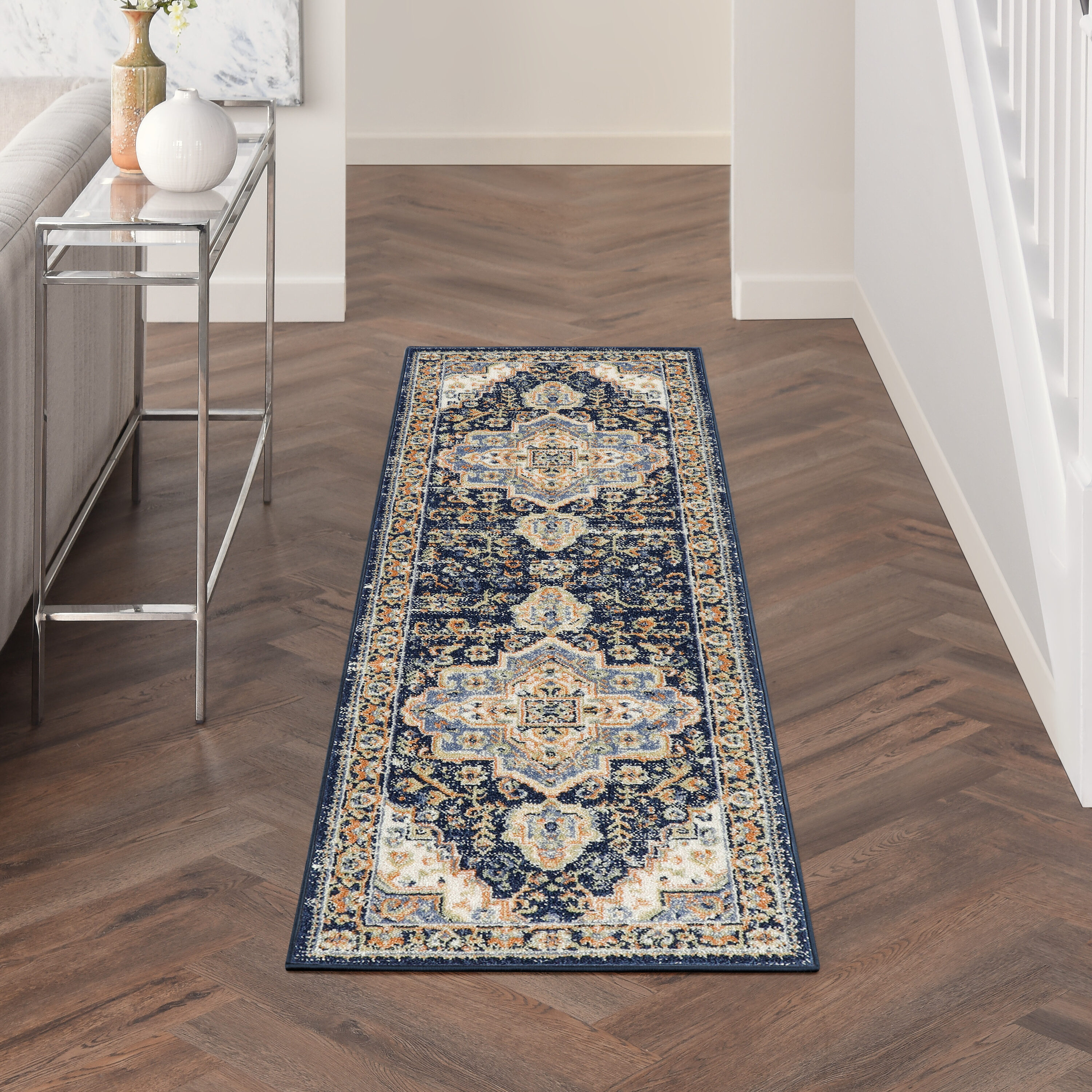 Nourison Home 841491145388 2 x 14 (ft) Loomed Navy Rectangular Indoor/Outdoor Medallion Runner rug