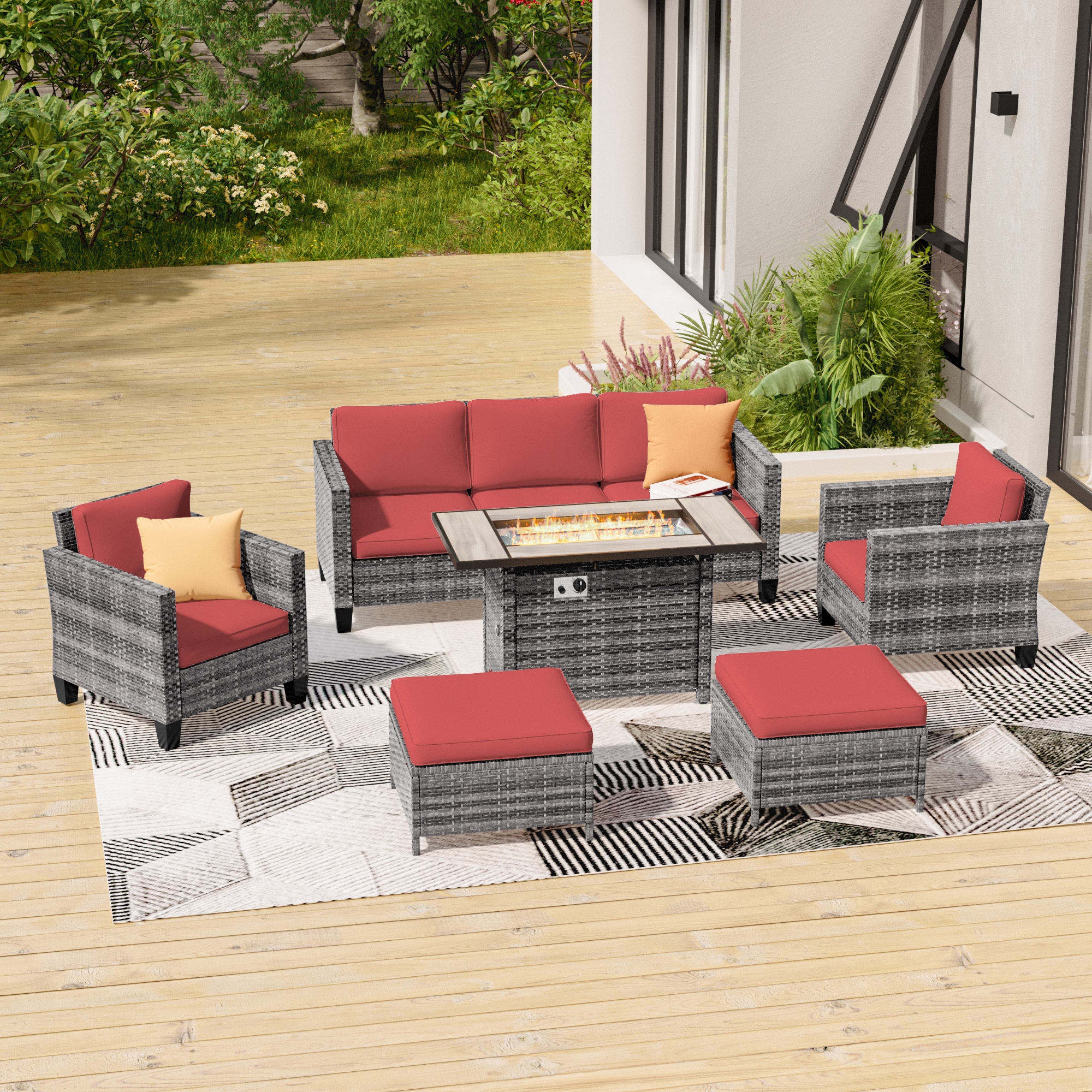 ACEGOSES LW-115HOG-T5 Skytop 6 -Piece Wicker Patio Sofa Conversation Set with Red Cushions