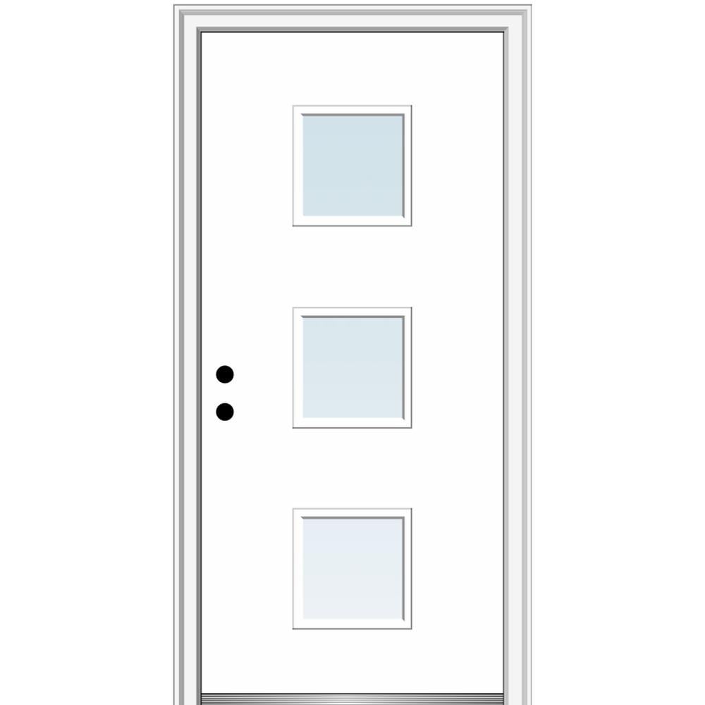 MMI DOOR ZZ346125R Spotlights 32-in x 80-in x 4-9/16-in Fiberglass Pulse lite Right-hand inswing Brilliant White Painted Prehung Front Door with Brickmould Insulating core